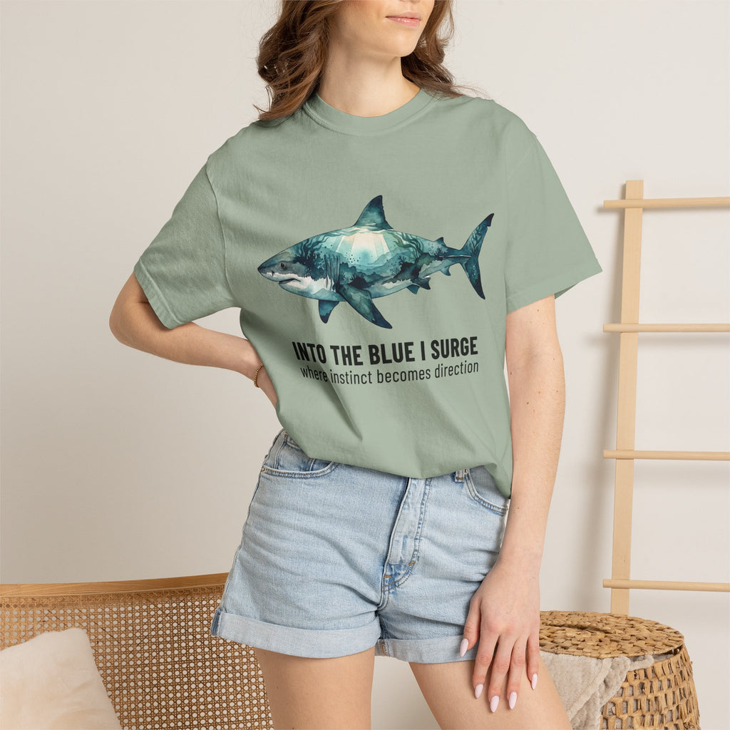 Shark Graphic Tee — "Into the Blue I Surge" Ocean Adventure T-Shirt