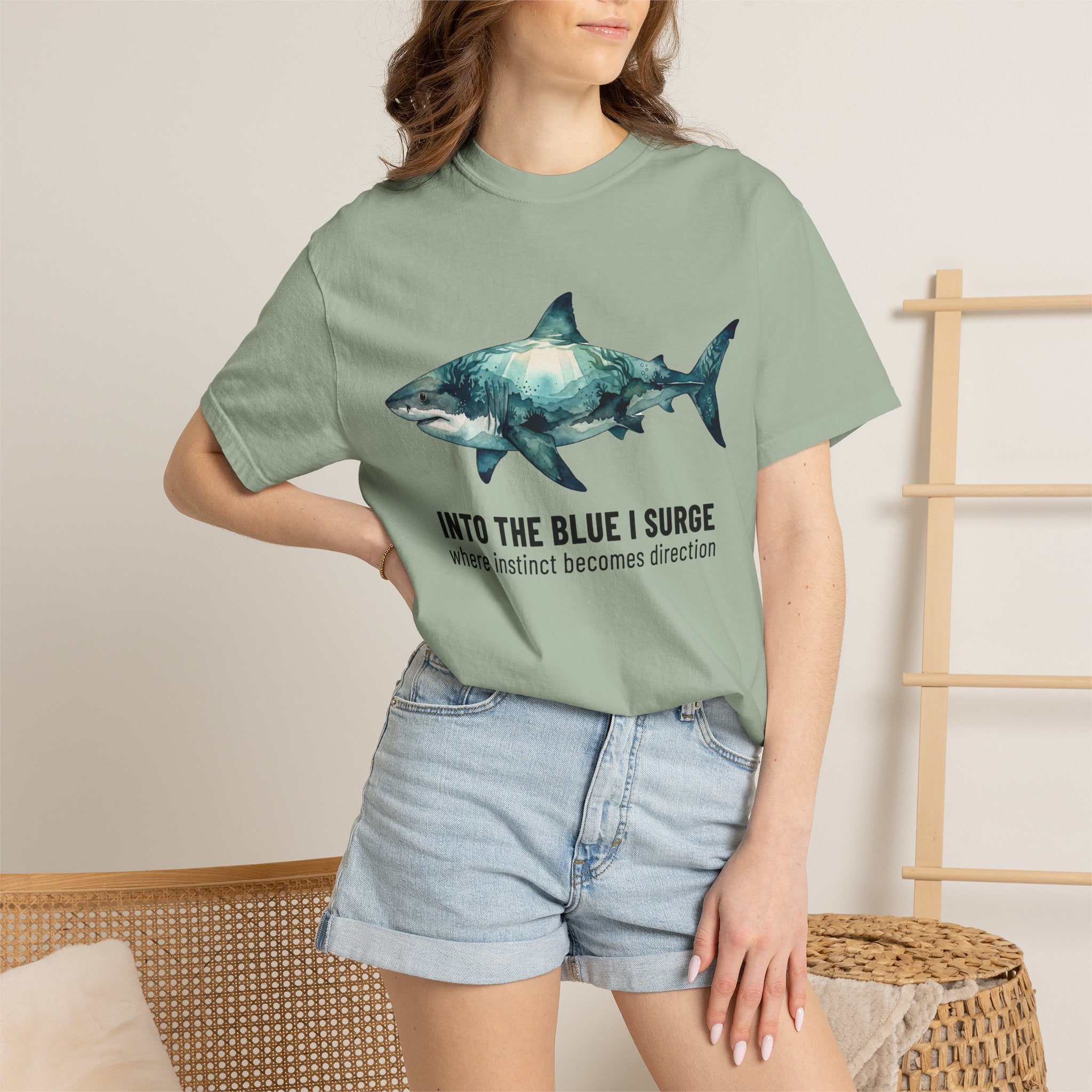 Shark Graphic Tee — "Into the Blue I Surge" Ocean Adventure T-Shirt