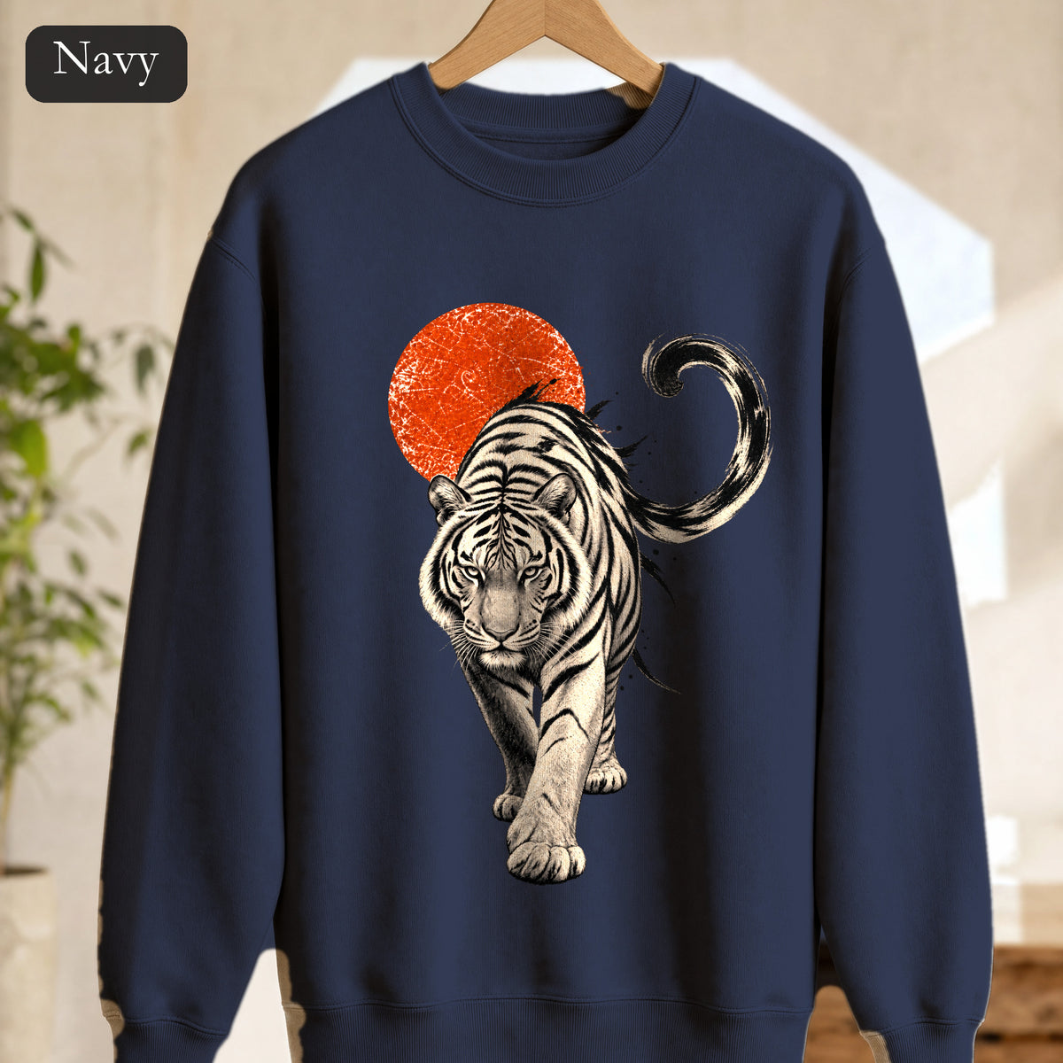 White Tiger with Red Sun Sweatshirt, Japanese Woodblock Tiger Crewneck, Red Sun Graphic Gift, Asian Art Sweatshirt