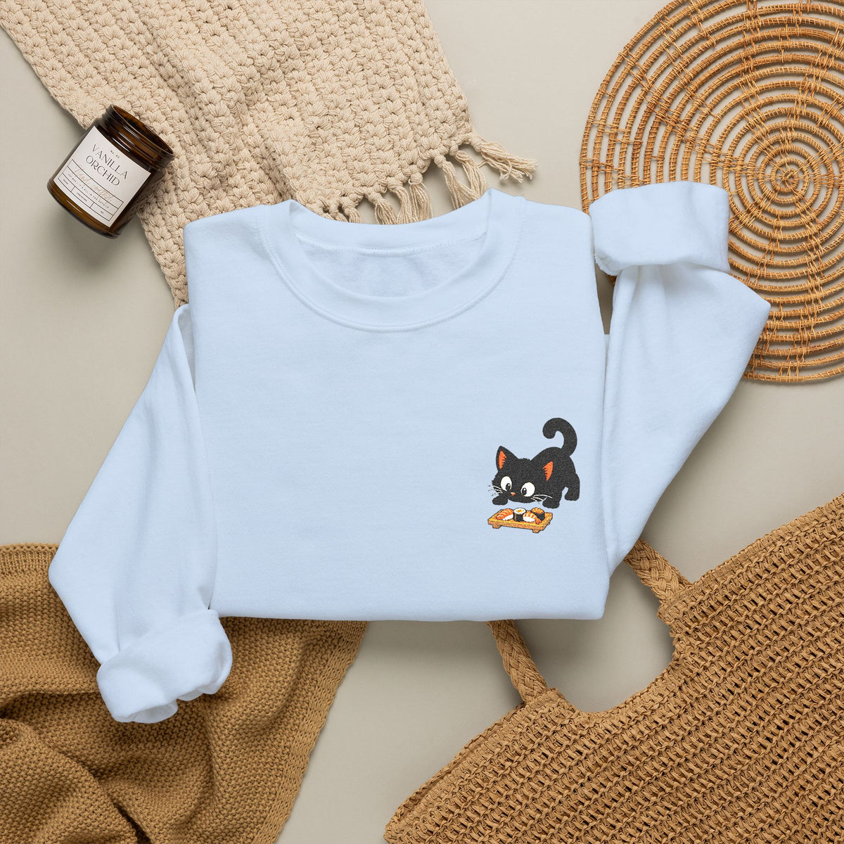 Embroidered Playful Cat and Sushi Illustration Crewneck Sweatshirt | Small Left Logo Graphic