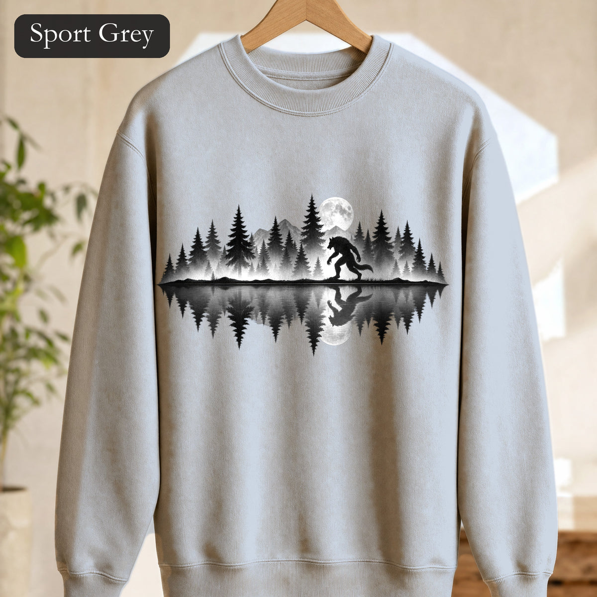 Werewolf Silhouette Moonlight Forest Sweatshirt | Werewolf Lake Reflection