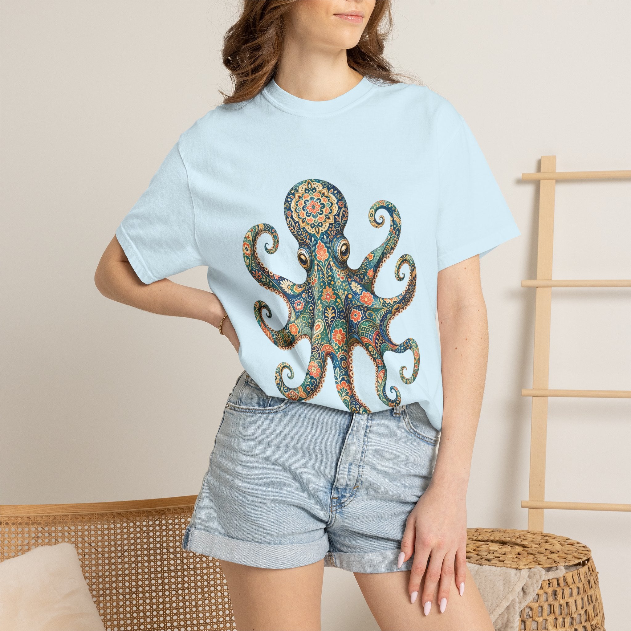 Boho Octopus Shirt, Folk Art Octopus Tee, Japanese Pattern Ocean Lover Gift, Vintage Floral Octopus Sweatshirt