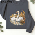 Swan Pair Crewneck Sweatshirt | White Swans Pond Illustration