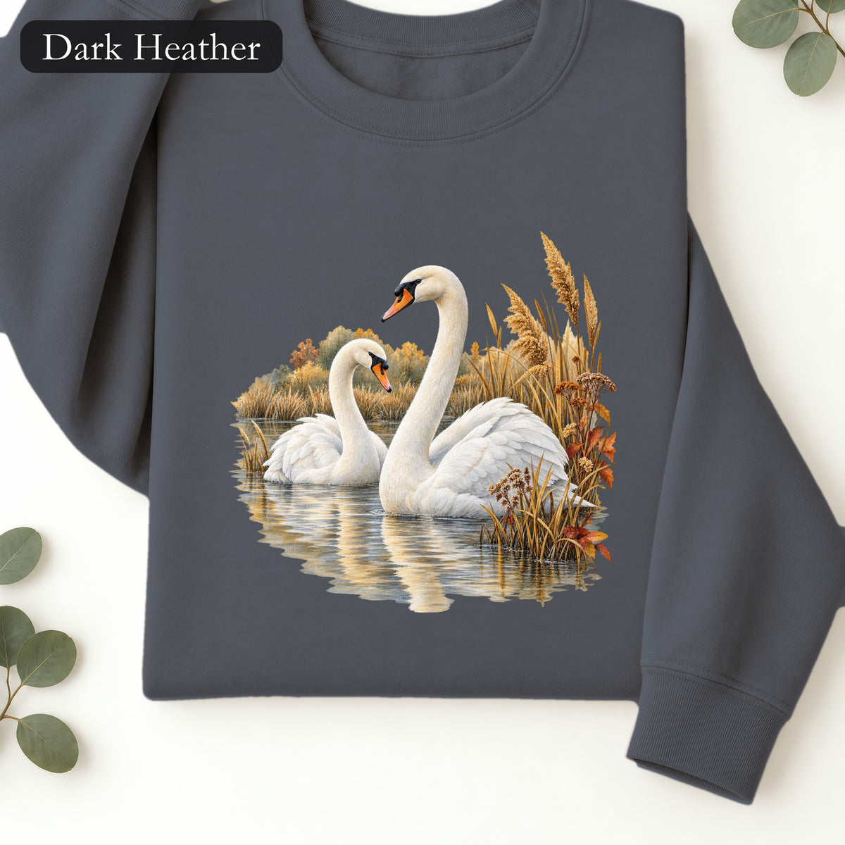 Swan Pair Crewneck Sweatshirt | White Swans Pond Illustration