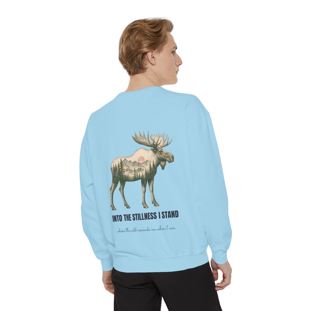 Into the Stillness I Stand Shirt, Moose Double Exposure Tee, Mountain Wilderness Camping Gift, Woodland Nature Sweatshirt