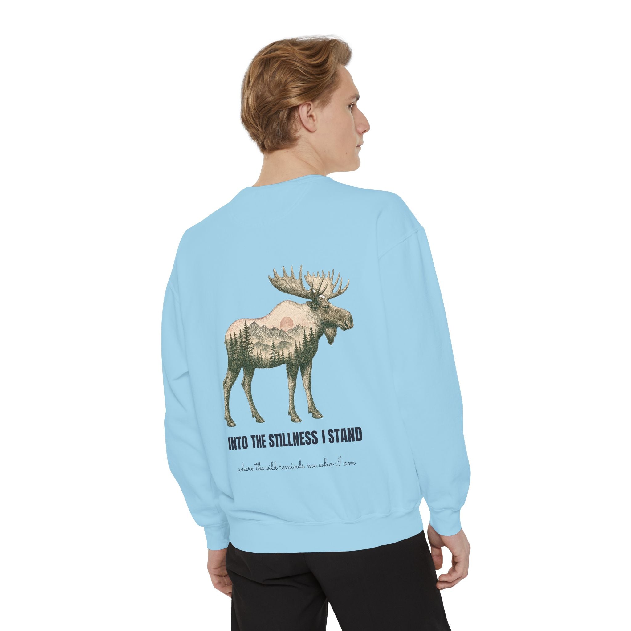 Into the Stillness I Stand Shirt, Moose Double Exposure Tee, Mountain Wilderness Camping Gift, Woodland Nature Sweatshirt