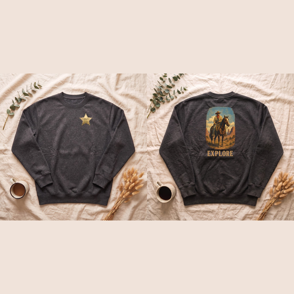 Explore Cowboy Sweatshirt, Vintage Western Horse Crewneck, Desert Trail Rider Sweatshirt, Sheriff Star Cowboy Gift