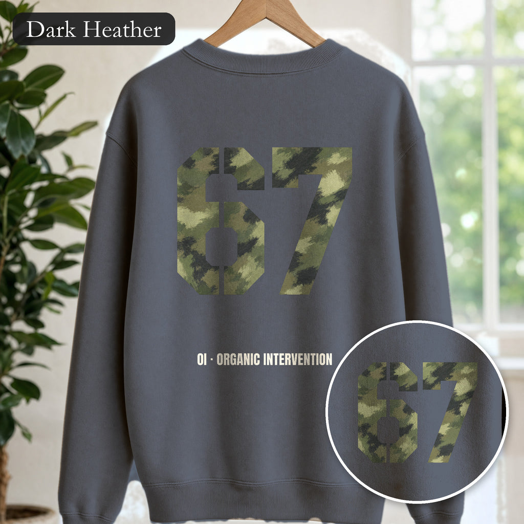 Organic Intervention 67 Camo Shirt, OI Military Number Tee, Streetwear Camo Graphic Gift, Bold Statement Sweatshirt