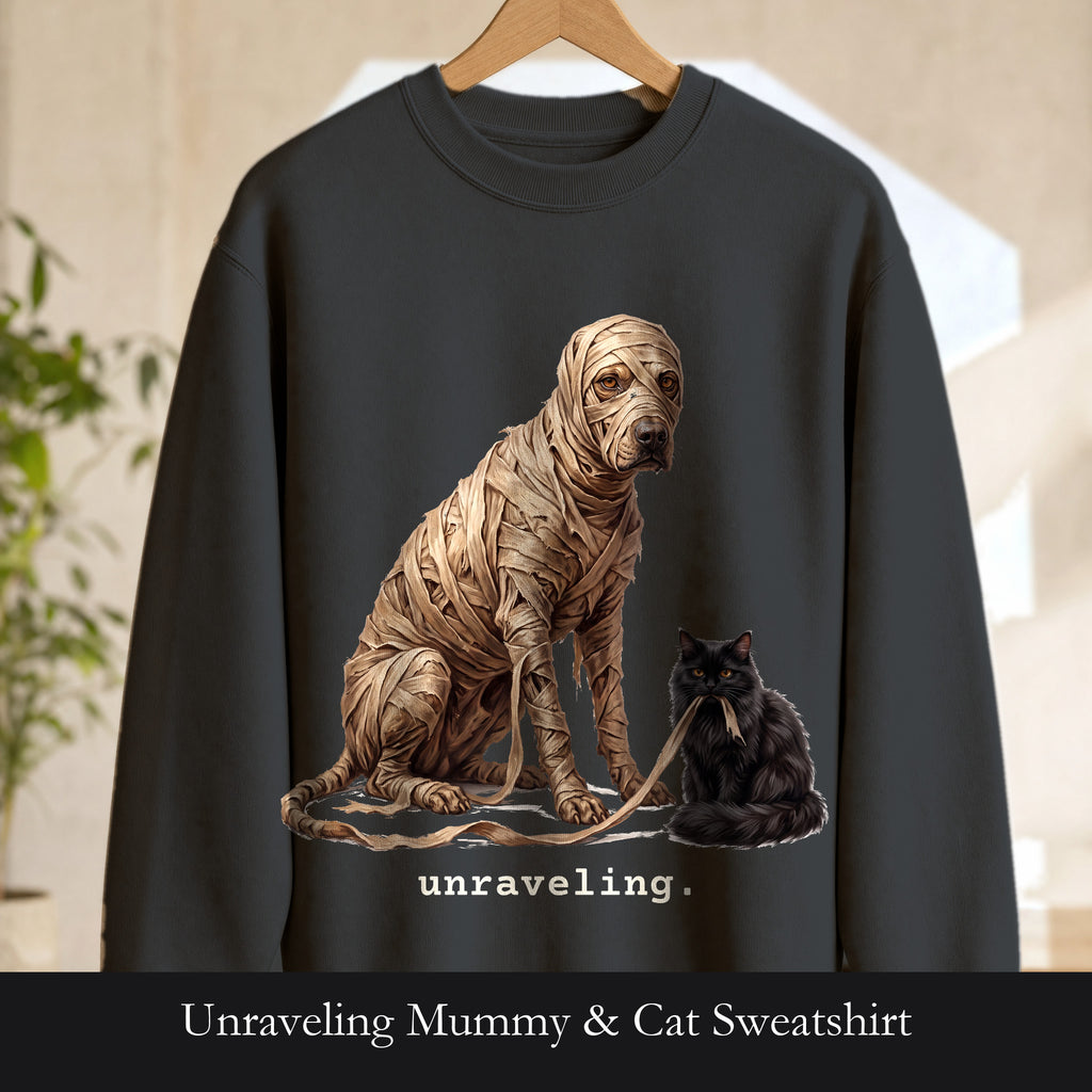 Unraveling Mummy & Cat Sweatshirt, Funny Halloween Mummy Crewneck, Cozy Deadpan Spooky Sweatshirt, Black Cat Lover Gift