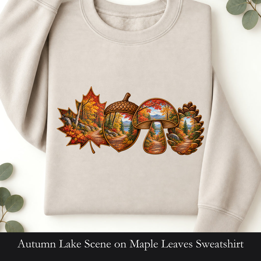 Autumn Lake Scene on Maple Leaves Sweatshirt | Fall Landscape Crewneck