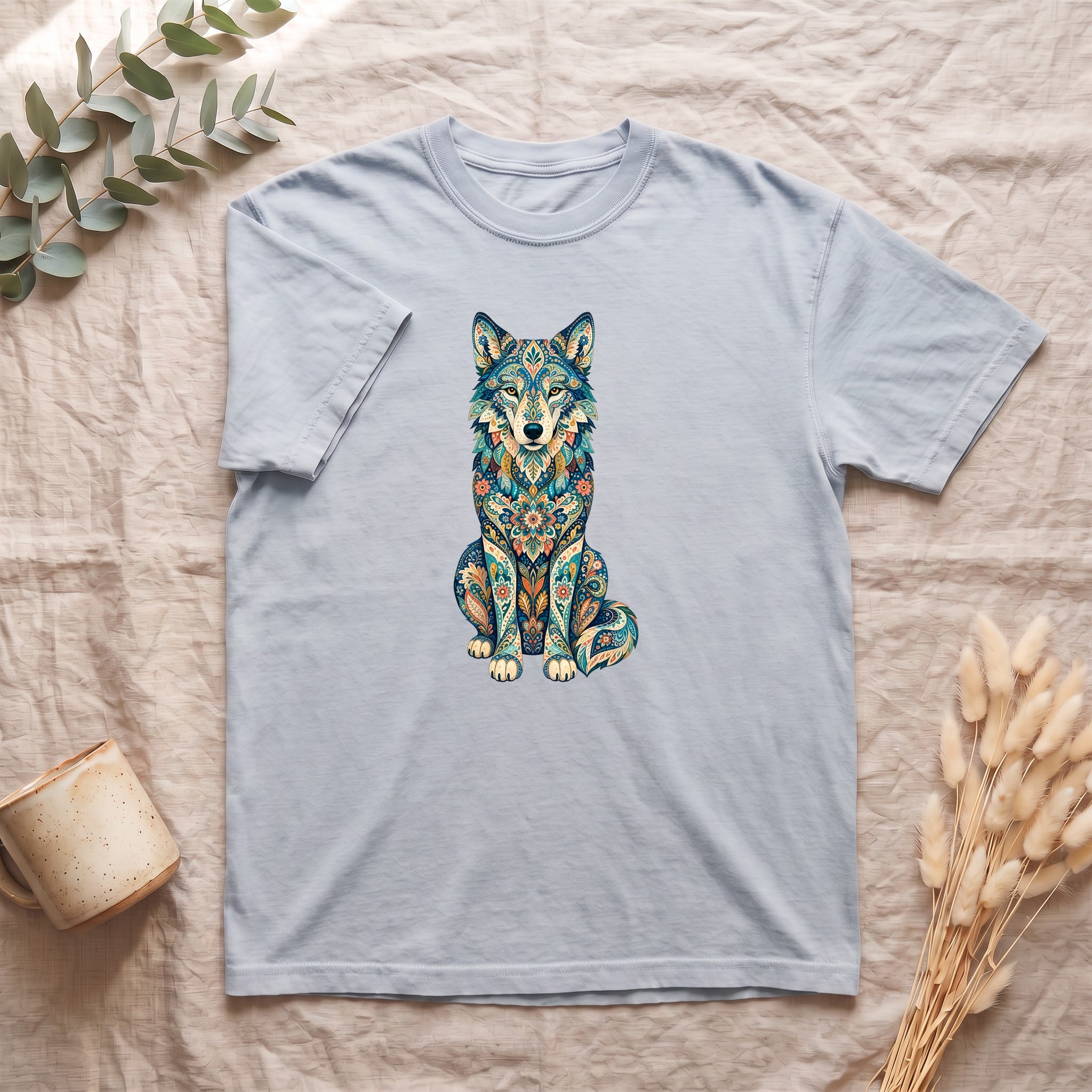 Boho Wolf Shirt, Folk Art Wolf Tee, Japanese Pattern Wolf Lover Gift, Vintage Floral Wolf Sweatshirt