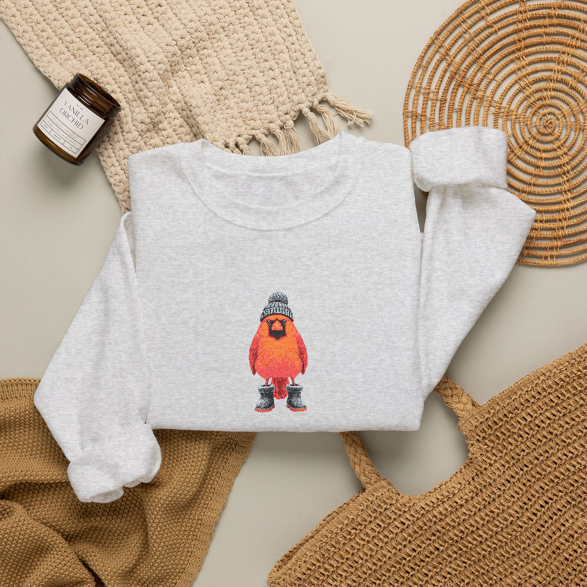 Embroidered Red Cardinal with Beanie and Boots Sweatshirt | Cute Illustration Crewneck