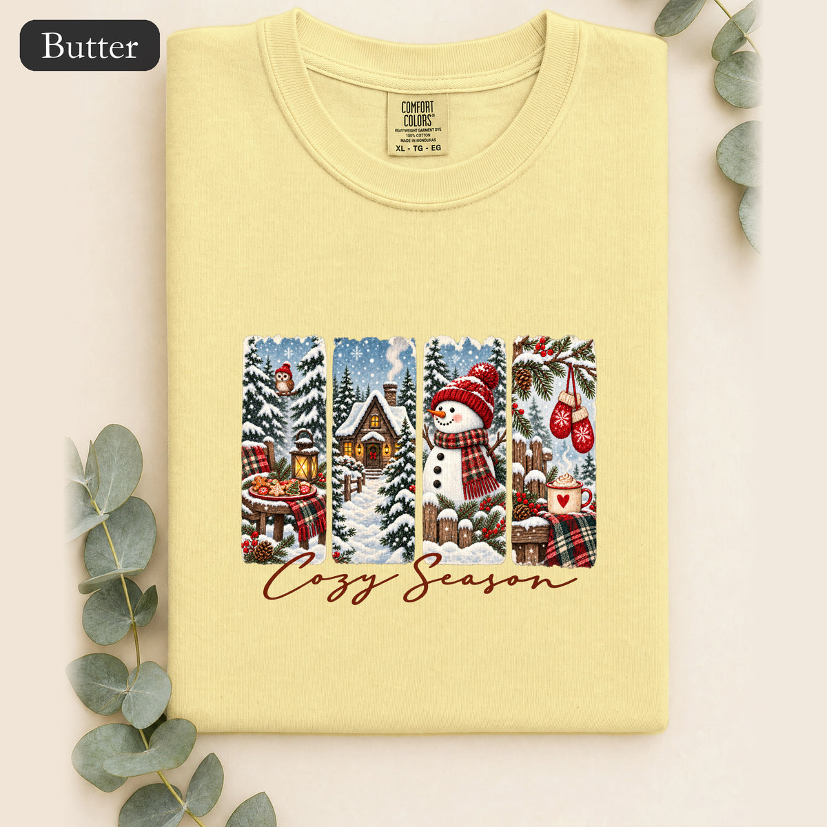 Cozy Winter Scenes Tee | Snowman Cabin Holiday Shirt