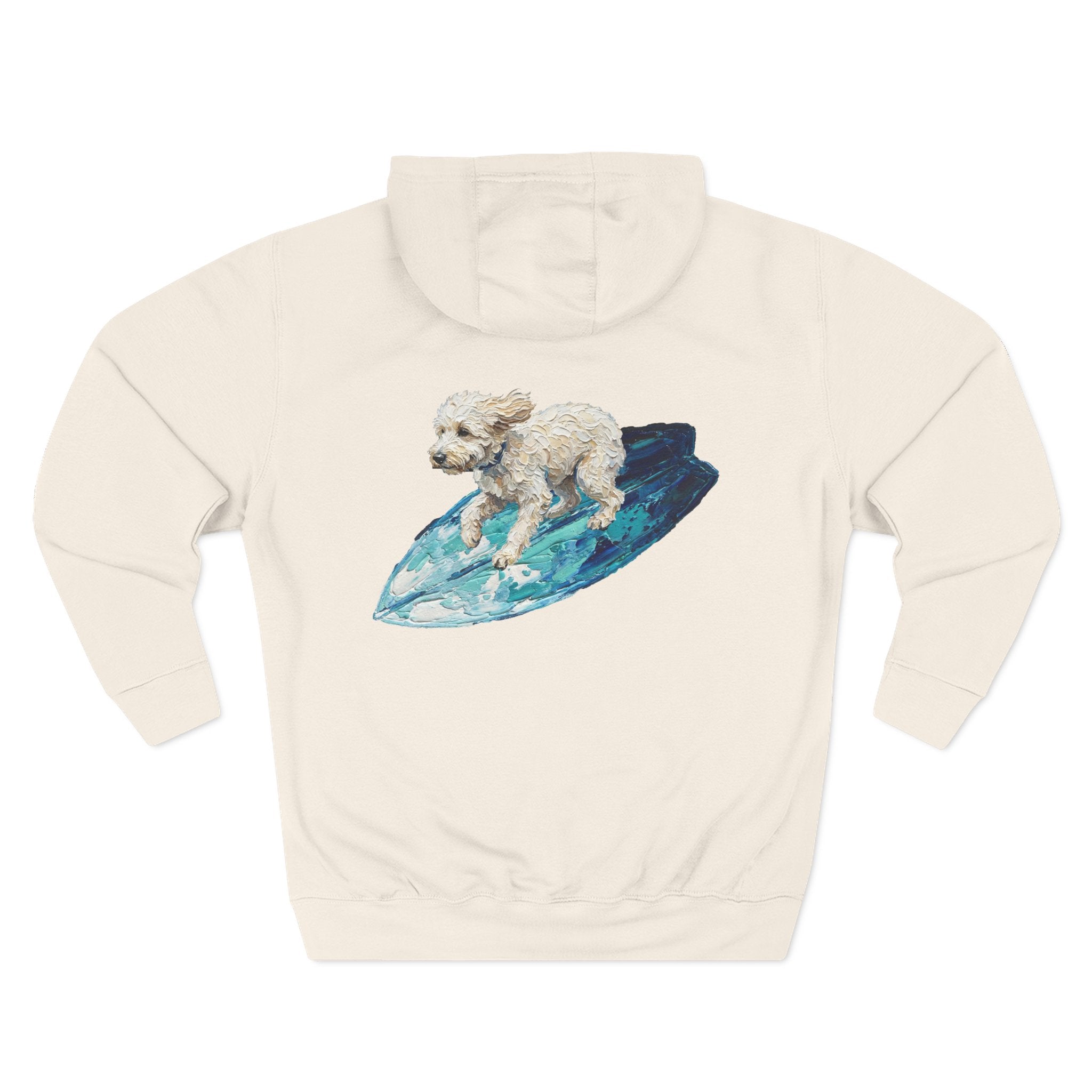 Surf Dog Hoodie — Cute White Dog Riding a Blue Surfboard Pullover