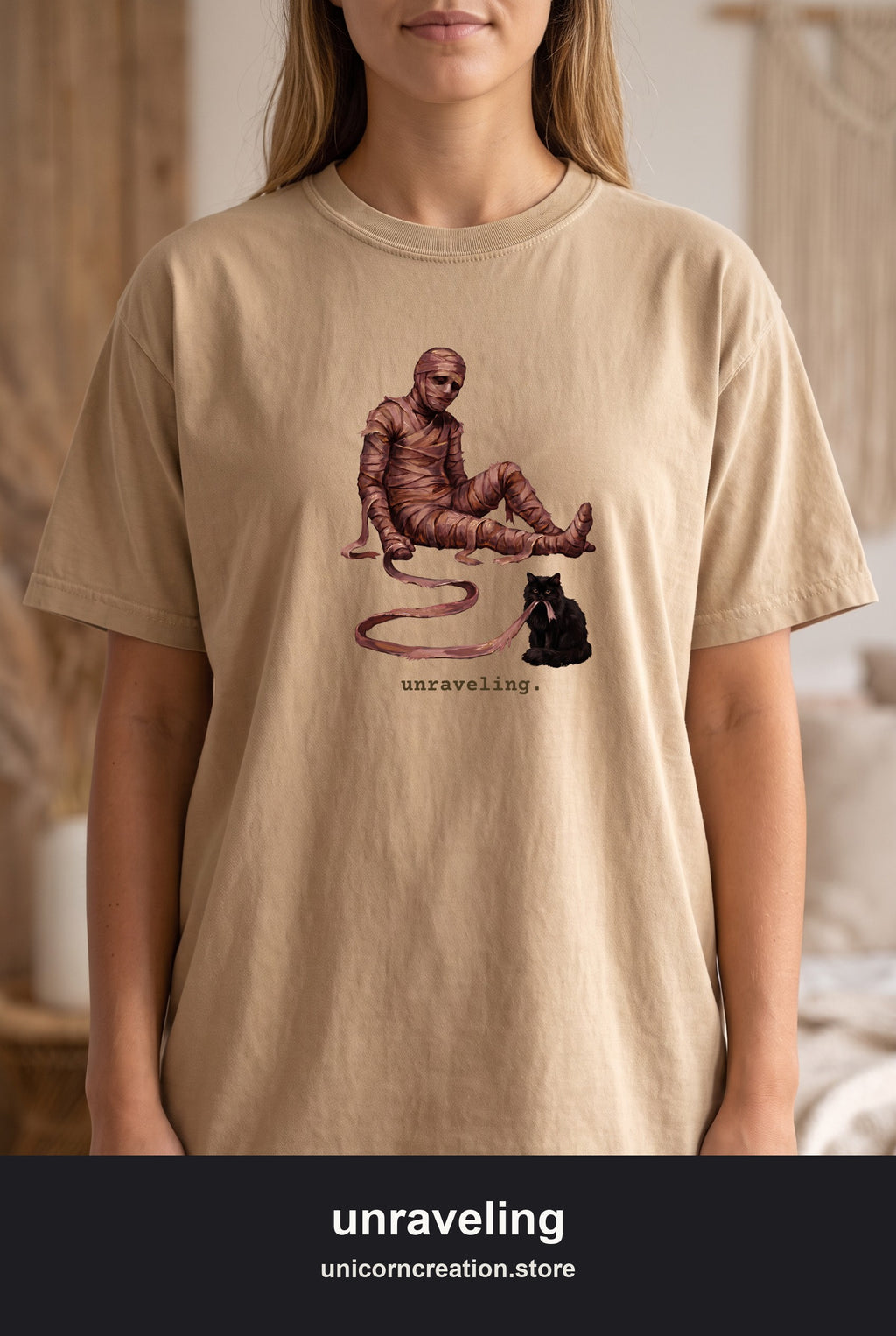 Unraveling Mummy & Cat Shirt, Funny Halloween Mummy Tee, Cozy Deadpan Spooky Tee, Black Cat Lover Gift
