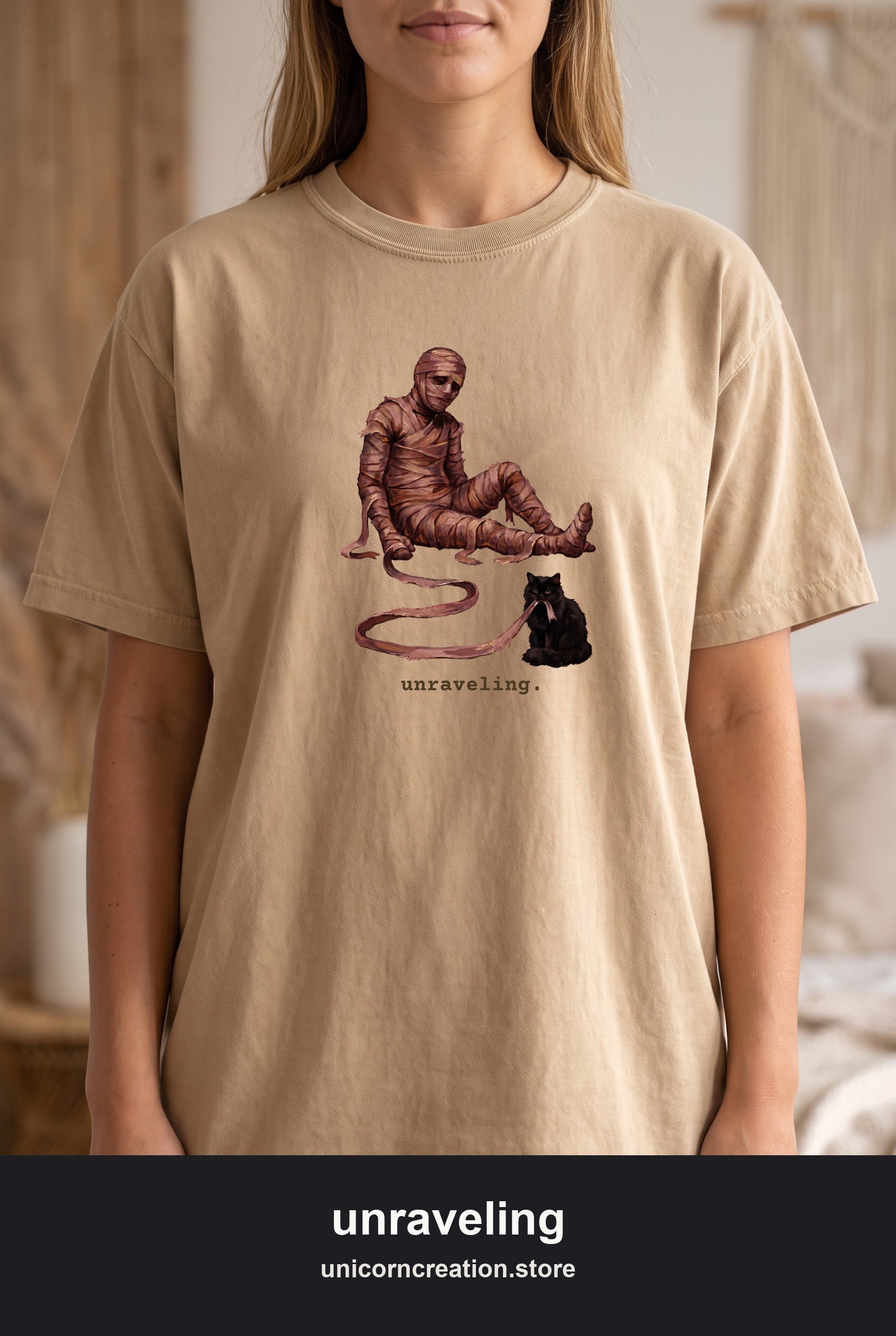 Unraveling Mummy & Cat Shirt, Funny Halloween Mummy Tee, Cozy Deadpan Spooky Tee, Black Cat Lover Gift