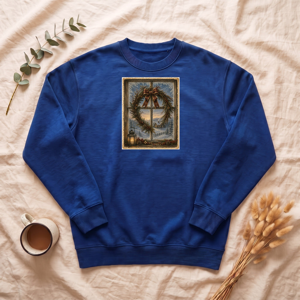 Winter Wreath Window Scene Sweatshirt | Vintage Holiday Postcard