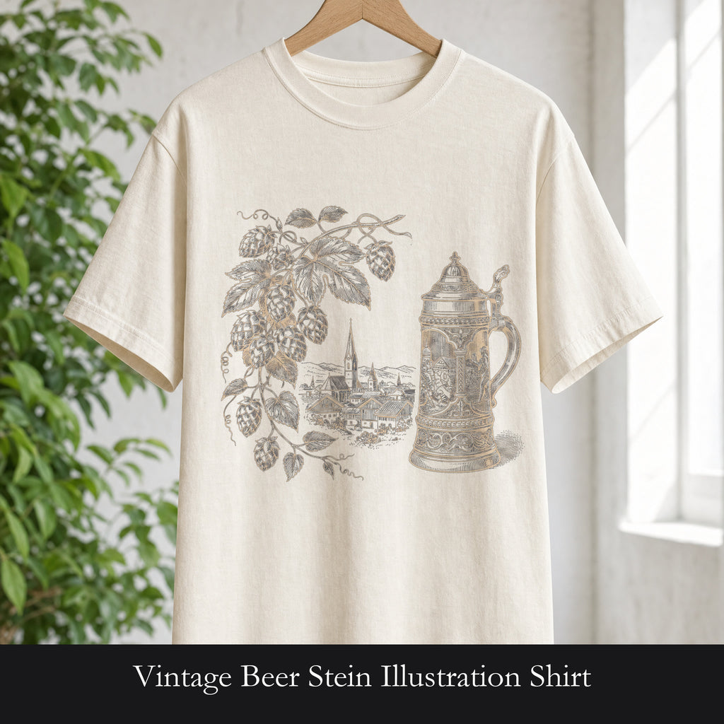 Vintage Beer Stein Illustration Shirt | Hops Vine Scenic Design