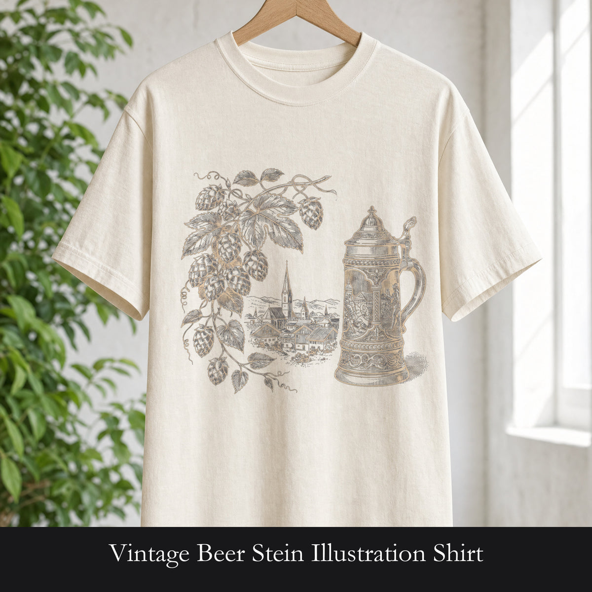 Vintage Beer Stein Illustration Shirt | Hops Vine Scenic Design