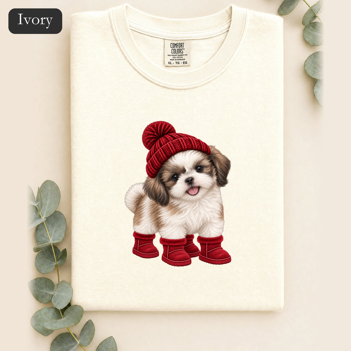 Shih Tzu Puppy in Red Beanie & Boots Shirt | Cute Dog Tee