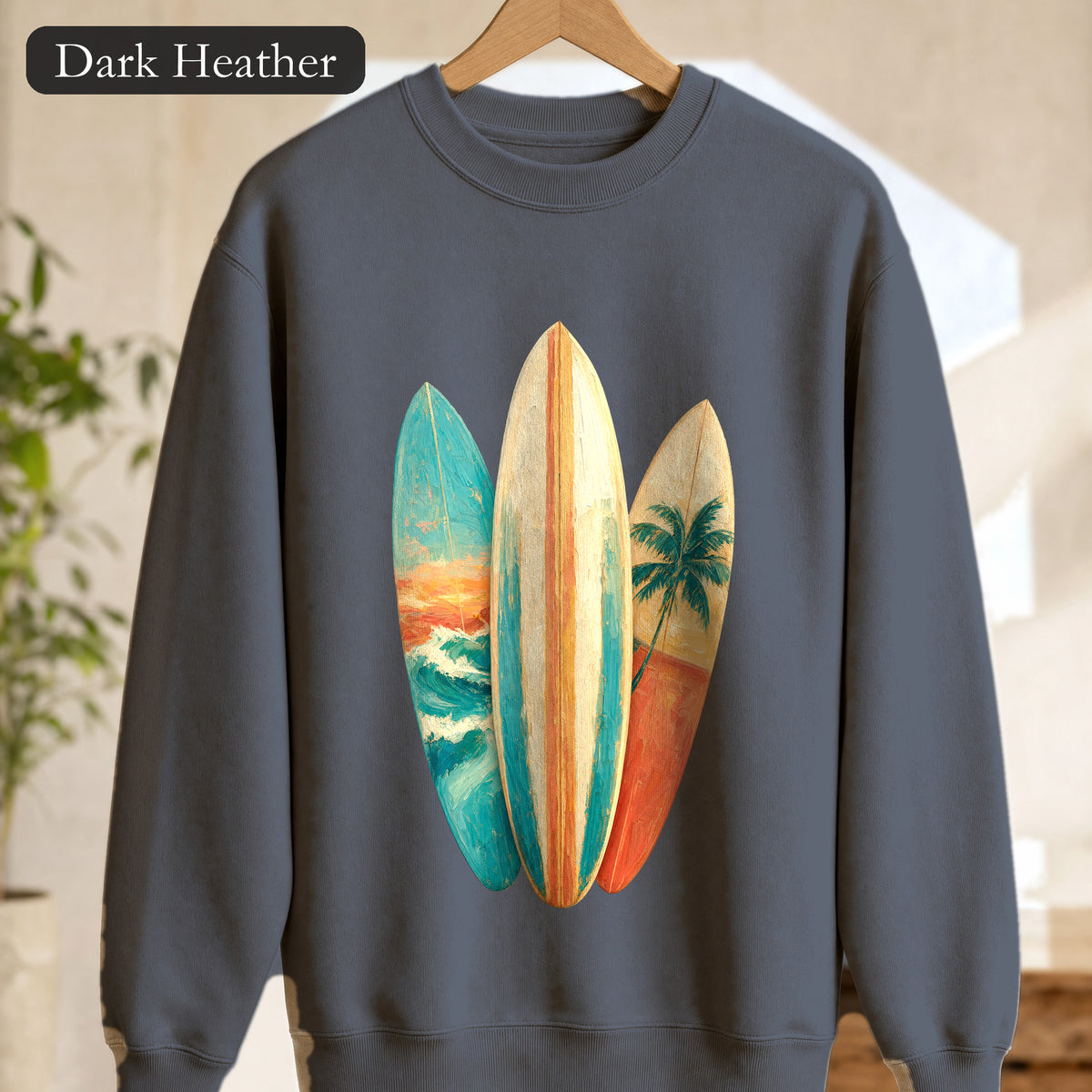 Vintage Surfboard Sweatshirt, Painterly Surf Art Crewneck, Beach Coastal Surfer Gift, Summer Ocean Pullover