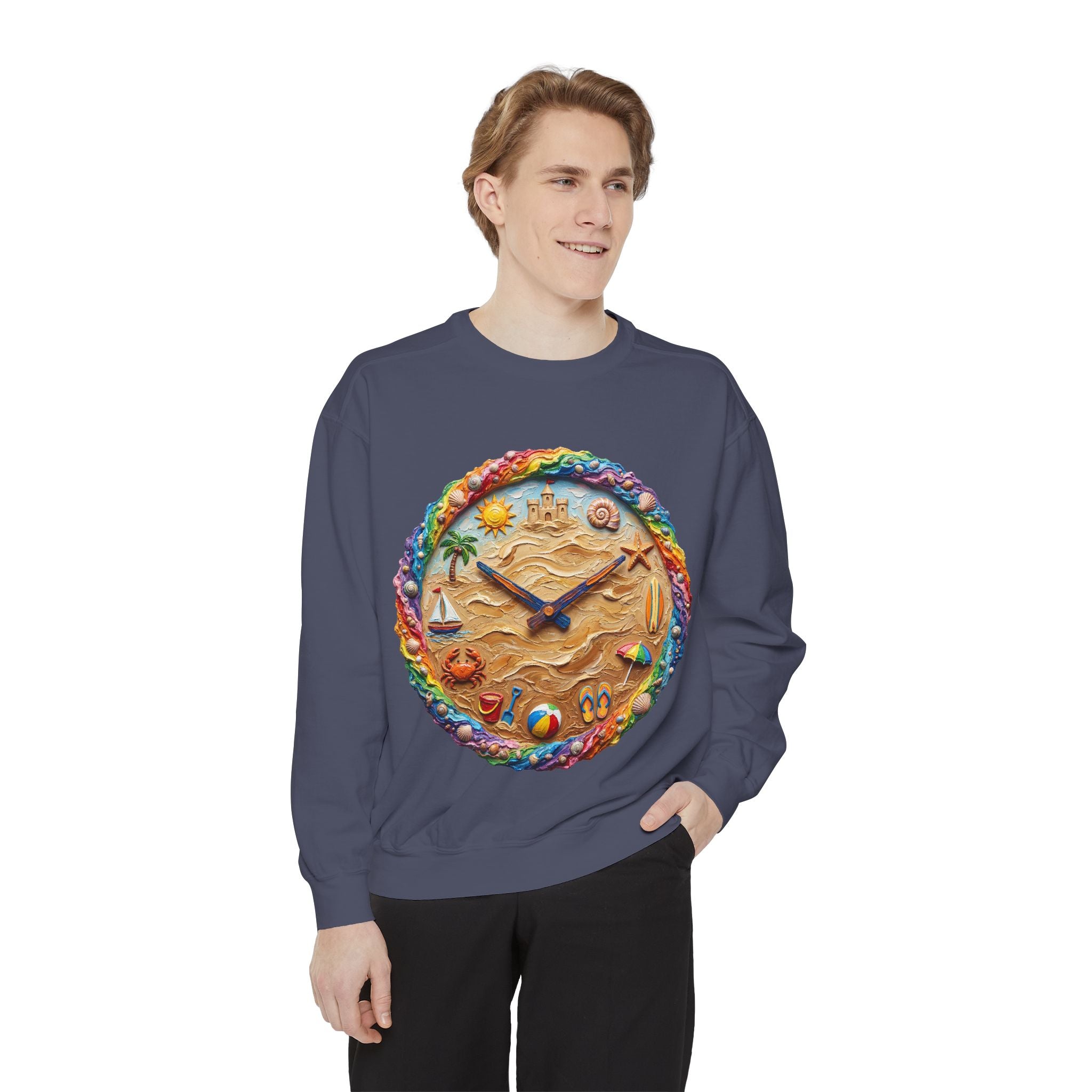 Beach Clock Shirt, Dreamy Coastal Art Tee, Surreal Beach Lover Gift, Summer Ocean Sweatshirt