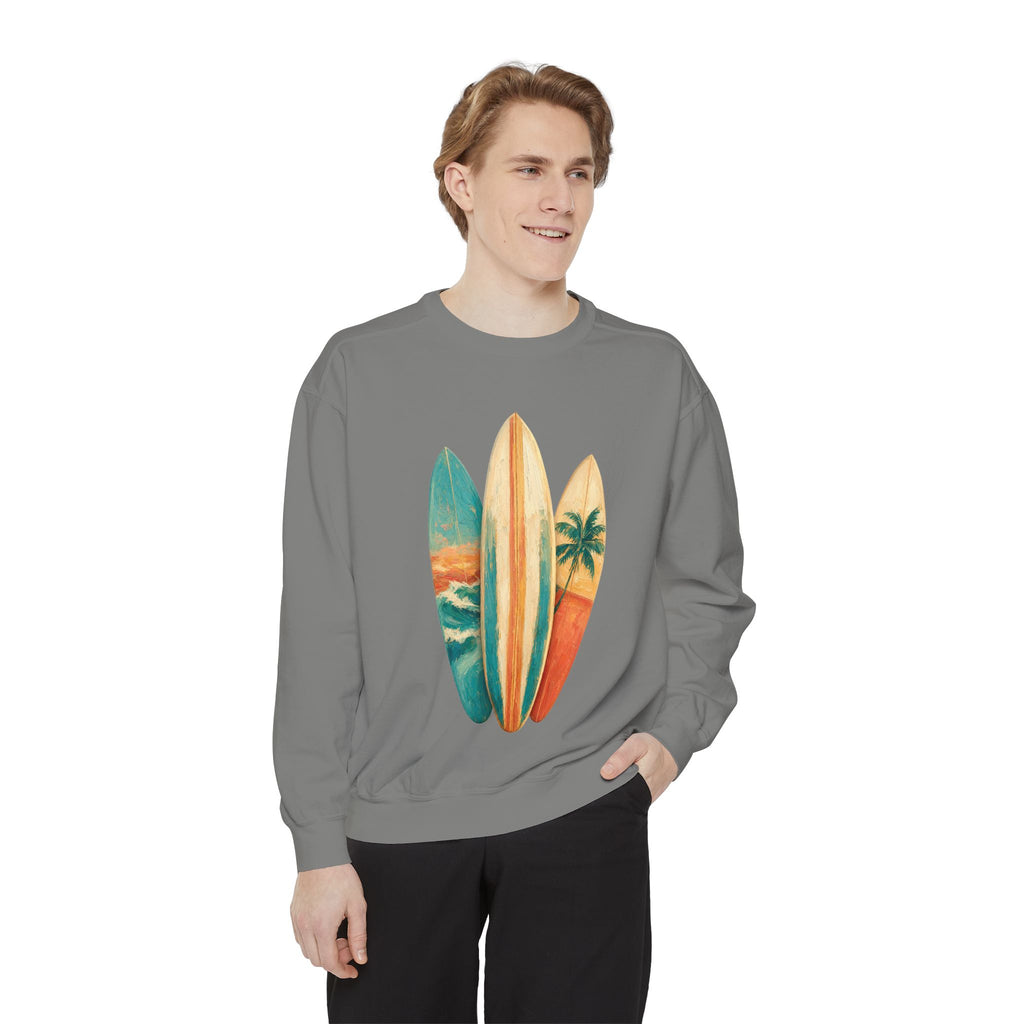 Vintage Surfboard Quarter Zip, Painterly Surf Art Pullover, Beach Coastal Surfer Gift, Summer Ocean Sweatshirt