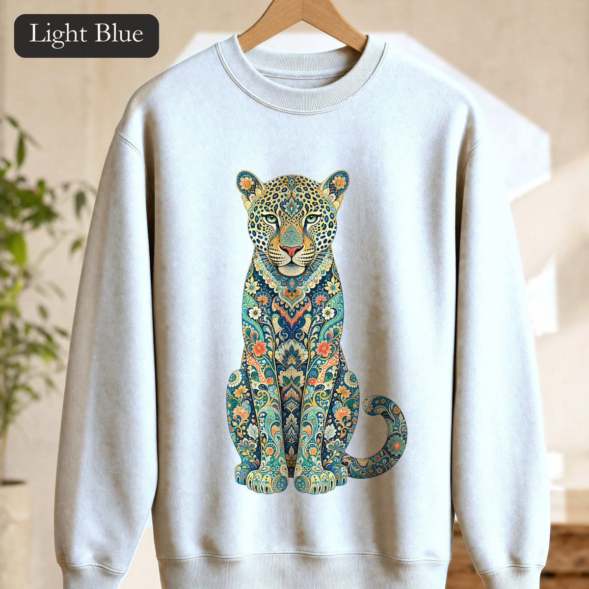Boho Leopard Shirt, Folk Art Leopard Tee, Japanese Pattern Big Cat Lover Gift, Vintage Floral Leopard Sweatshirt