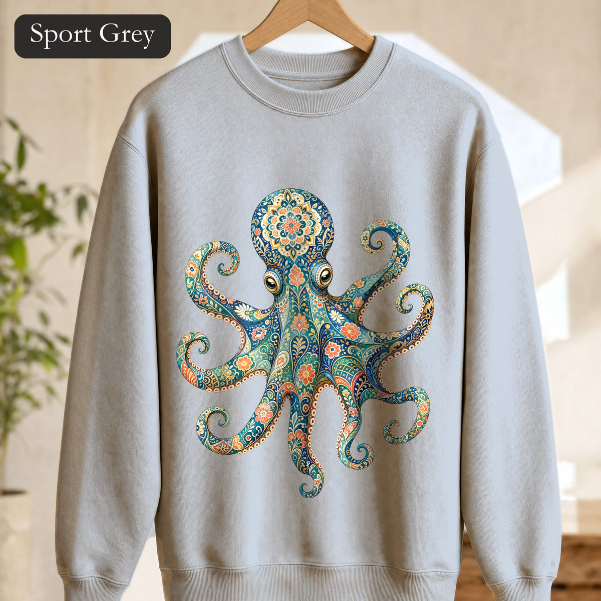 Boho Octopus Shirt, Folk Art Octopus Tee, Japanese Pattern Ocean Lover Gift, Vintage Floral Octopus Sweatshirt