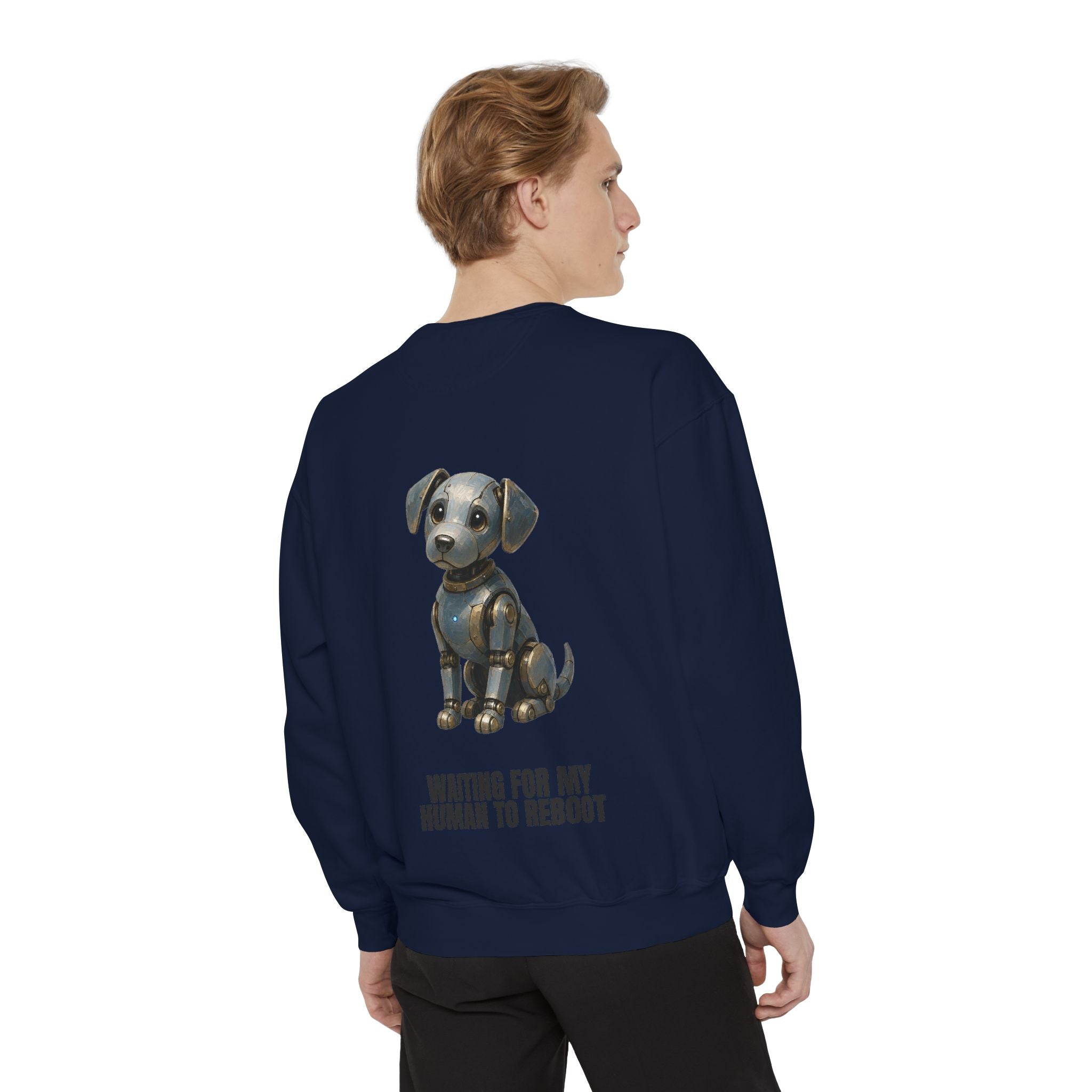 Waiting for My Human to Reboot Shirt, Funny Robot Dog Tee, Tech Programmer Gift, Sci-Fi AI Humor Sweatshirt