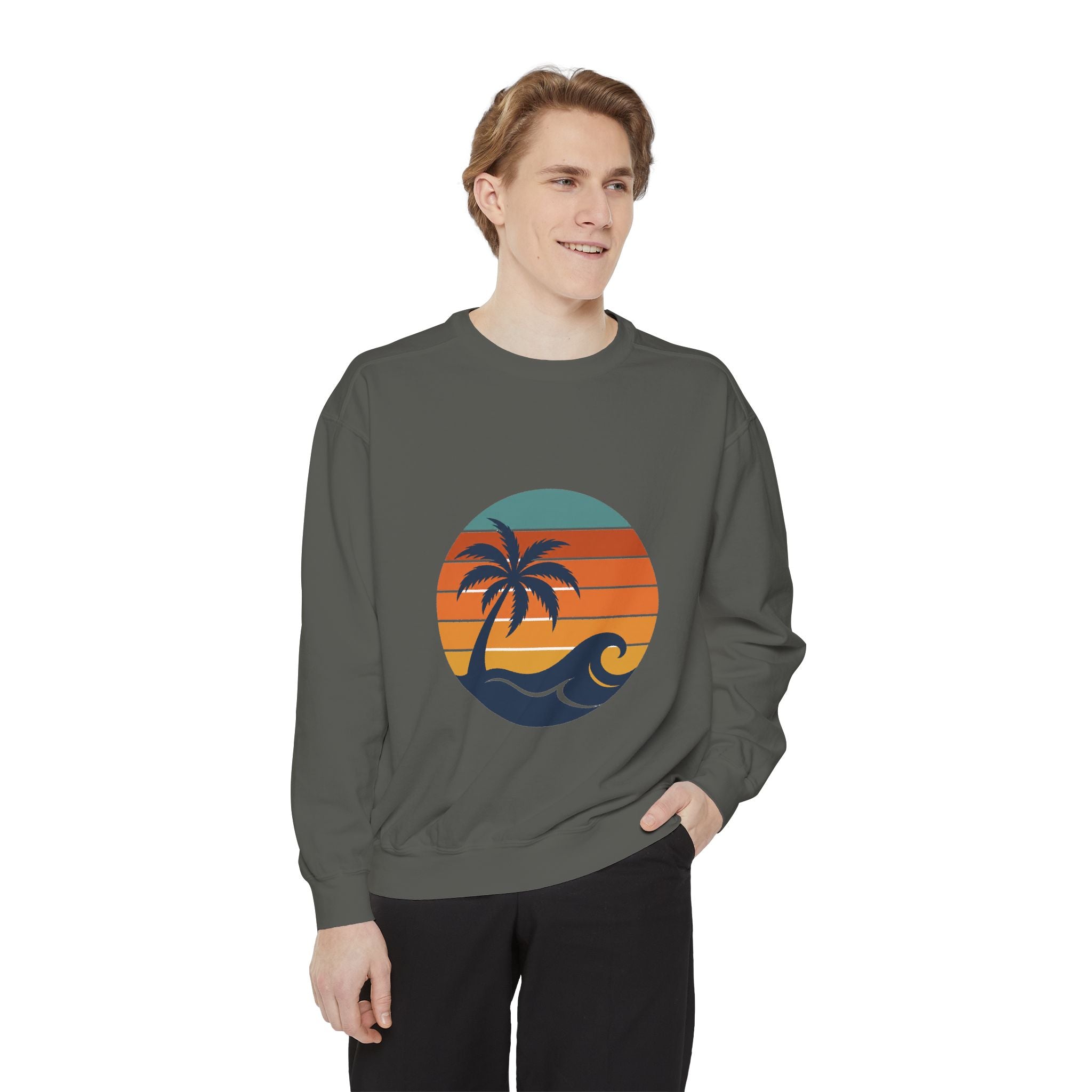 Retro Sunset Beach Shirt, Vintage Palm Tee, Ocean Surf Gift, 70s Coastal Landscape Sweatshirt