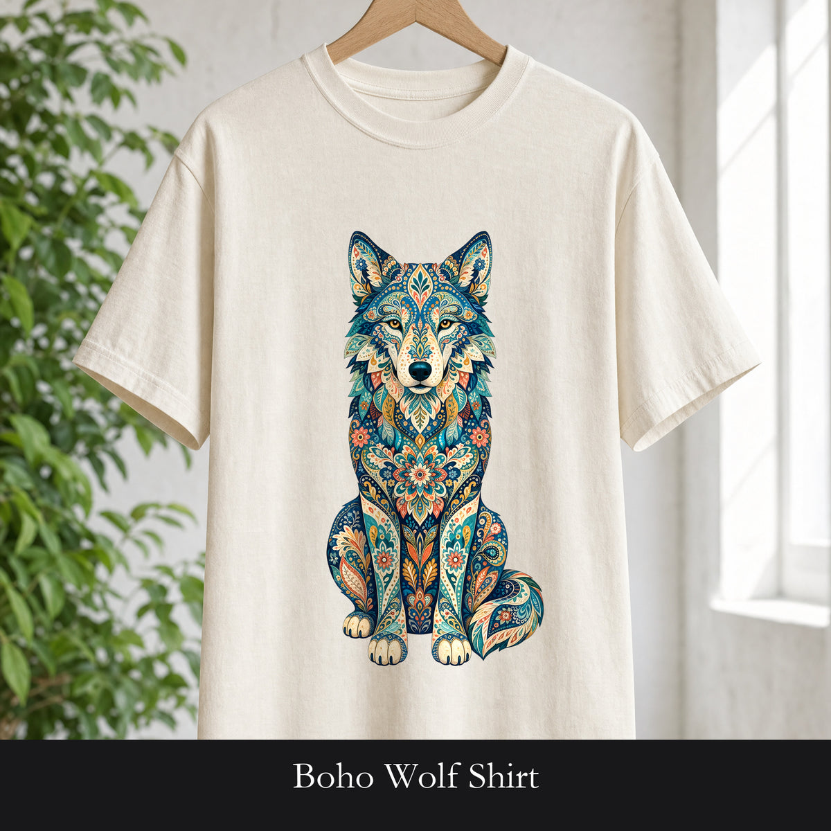 Boho Wolf Shirt, Folk Art Wolf Tee, Japanese Pattern Wolf Lover Gift, Vintage Floral Wolf Sweatshirt