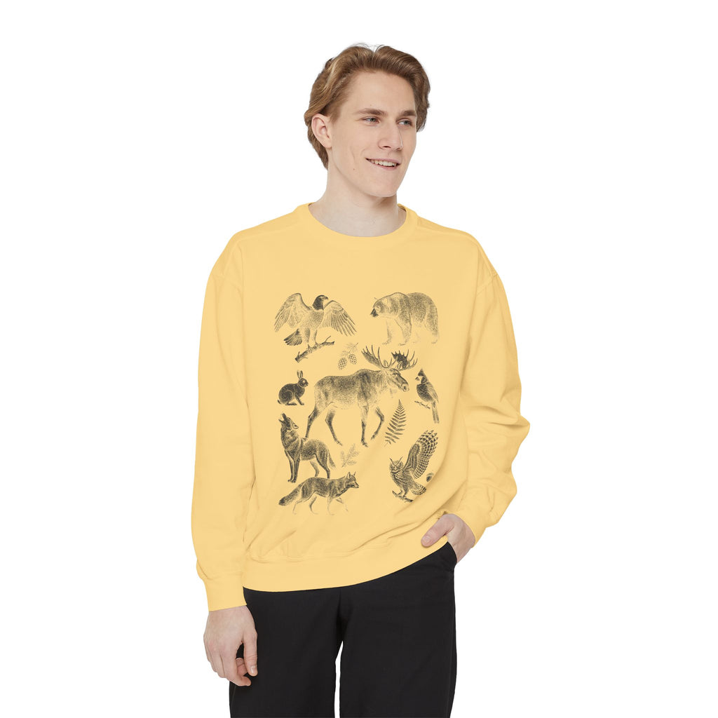 Woodland Field Guide Shirt, Forest Animals Etching Tee, Bear Wolf Moose Owl Nature Gift, Vintage Camping Sweatshirt