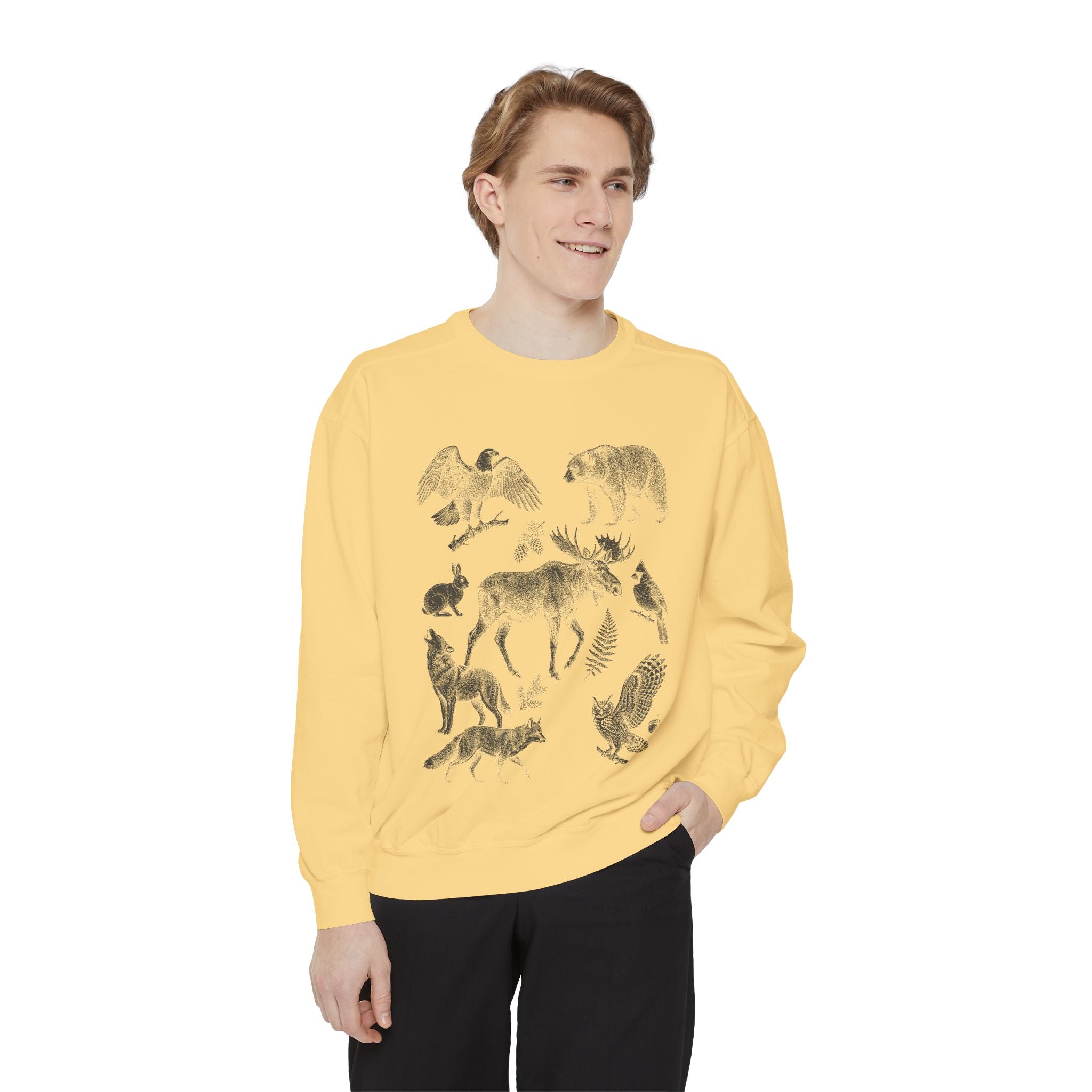 Woodland Field Guide Shirt, Forest Animals Etching Tee, Bear Wolf Moose Owl Nature Gift, Vintage Camping Sweatshirt
