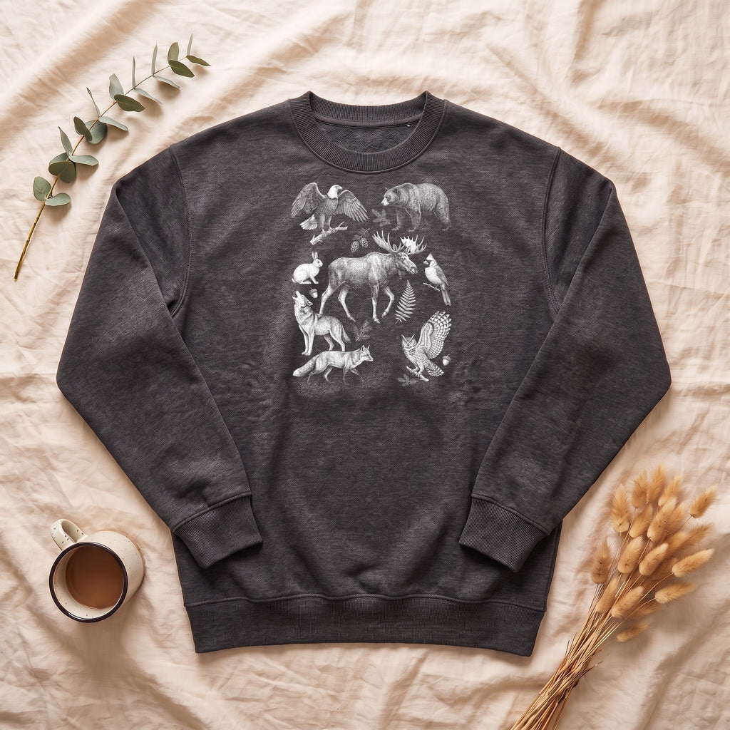 Woodland Field Guide Shirt, Forest Animals Etching Tee, Bear Wolf Moose Owl Nature Gift, Vintage Camping Sweatshirt