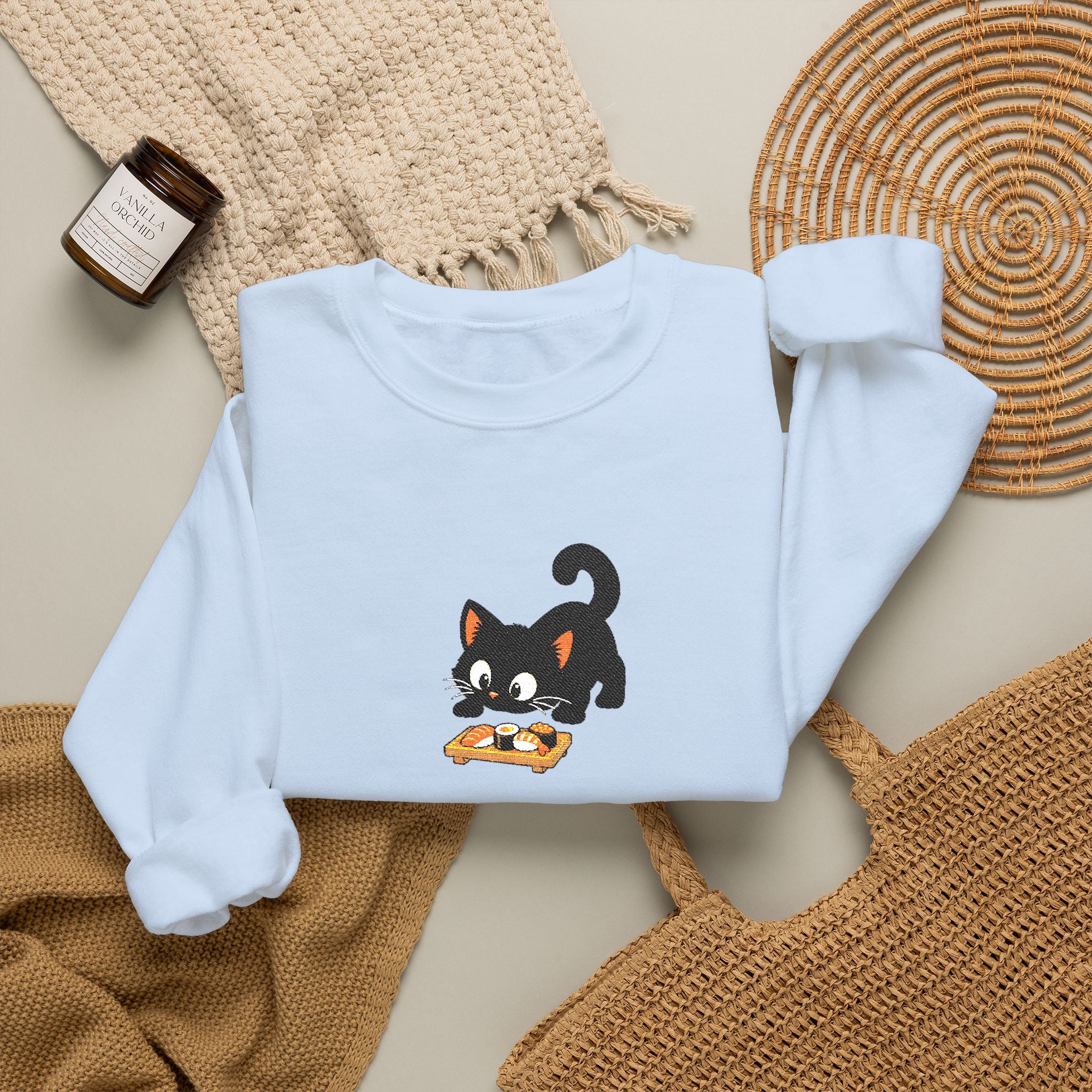 Black Cat Crewneck Sweatshirt | Cute Kitty Embroidery