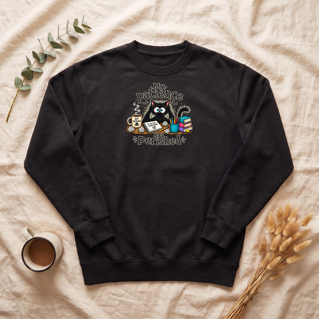 My Patience Has Perished cat crewneck sweatshirt | Cute grumpy cat illustration, coffee and books