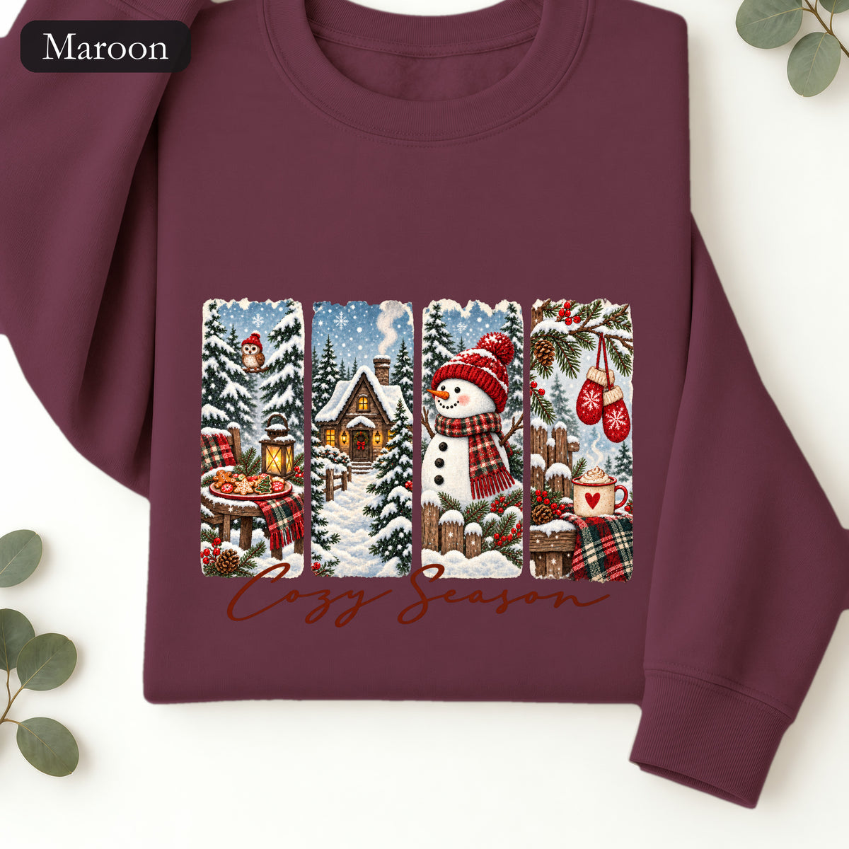 Cozy Winter Scenes Crewneck | Snowman Cabin Holiday Sweatshirt