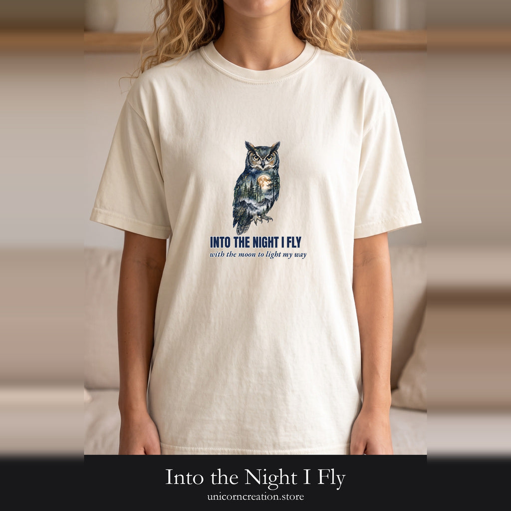 Into the Night I Fly Shirt, Owl Double Exposure Tee, Starlit Forest Nature Lover Gift, Woodland Wildlife Sweatshirt