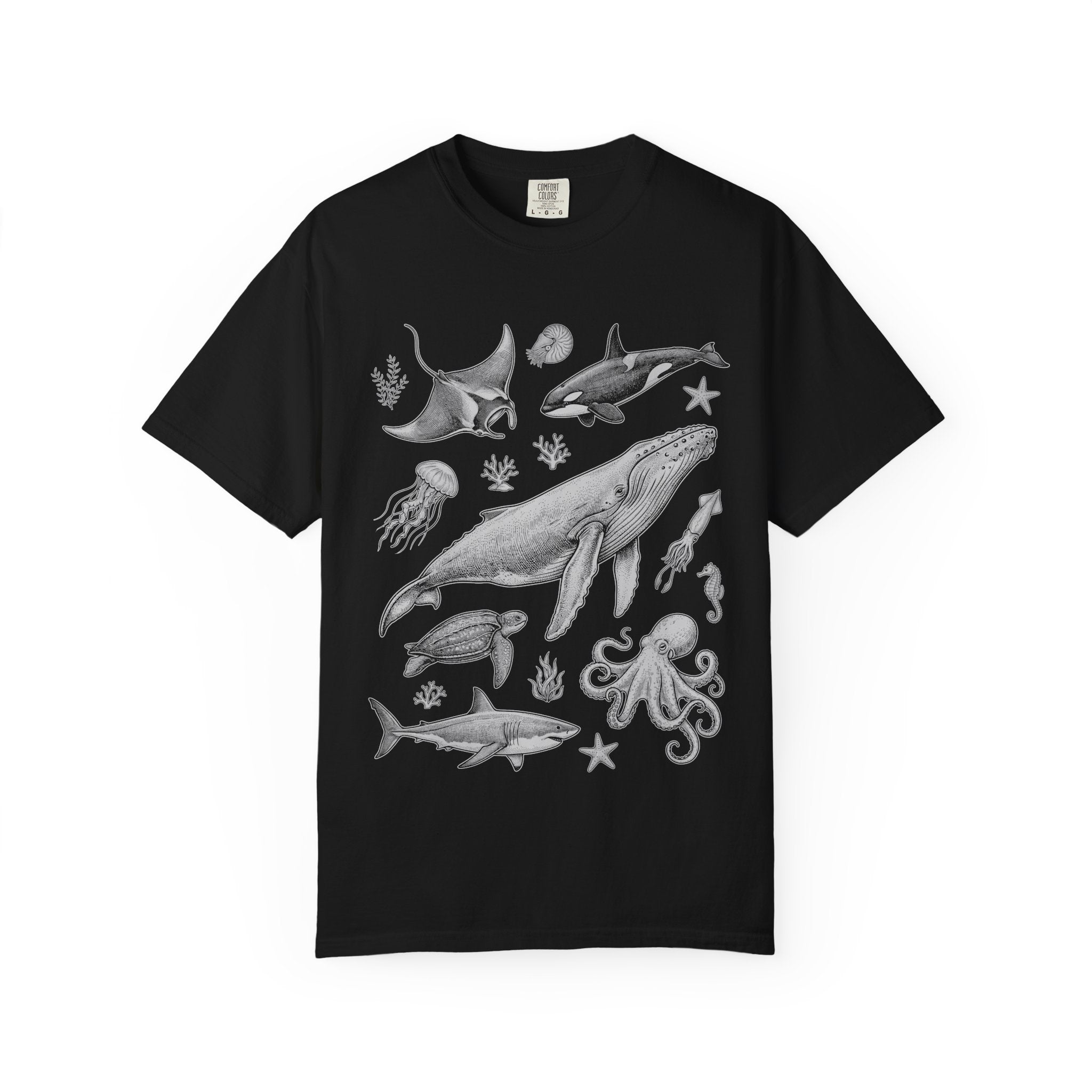 Ocean Life Sketch T-Shirt — Marine Animals Illustration Tee