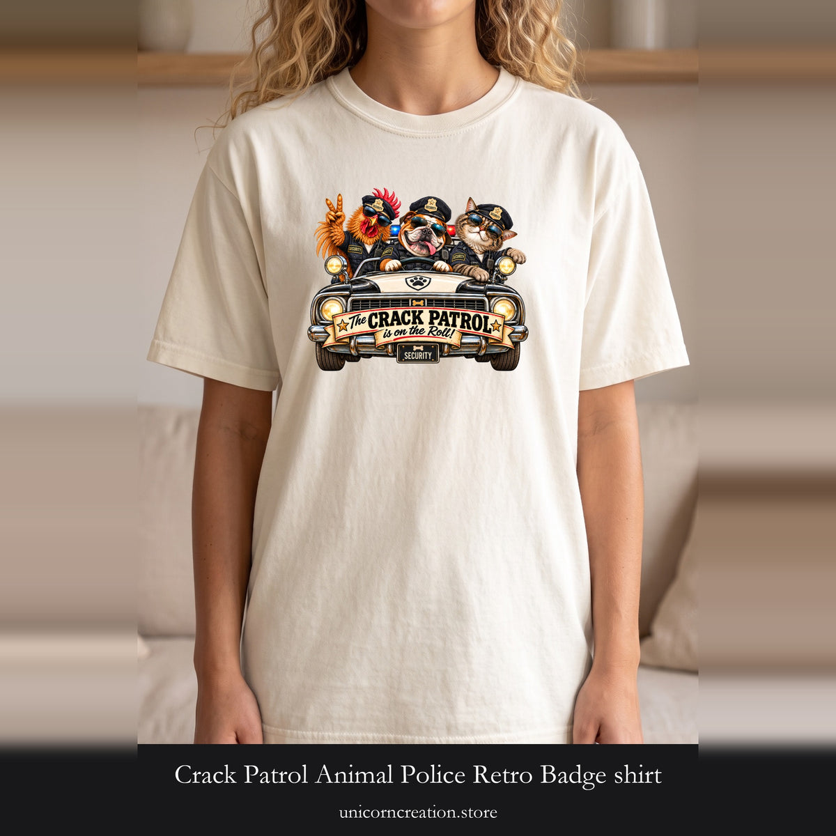 Crack Patrol Animal Police Retro Badge shirt | Rooster Bulldog Cat Design