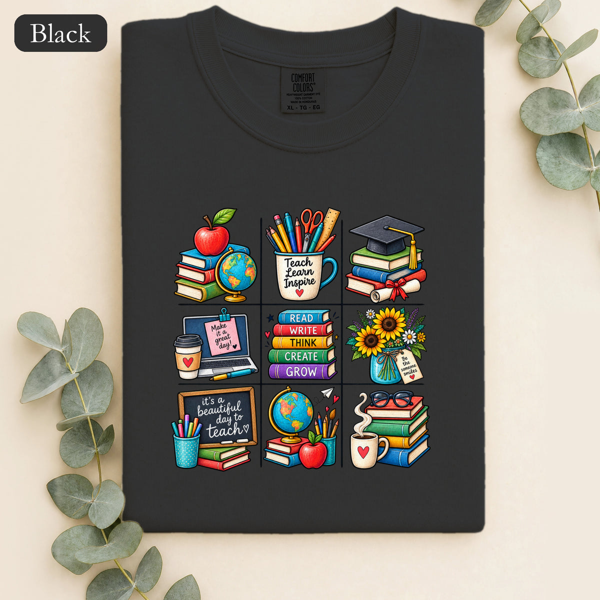Teacher Classroom Icons Shirt | Books, Globe, Apple, Chalkboard