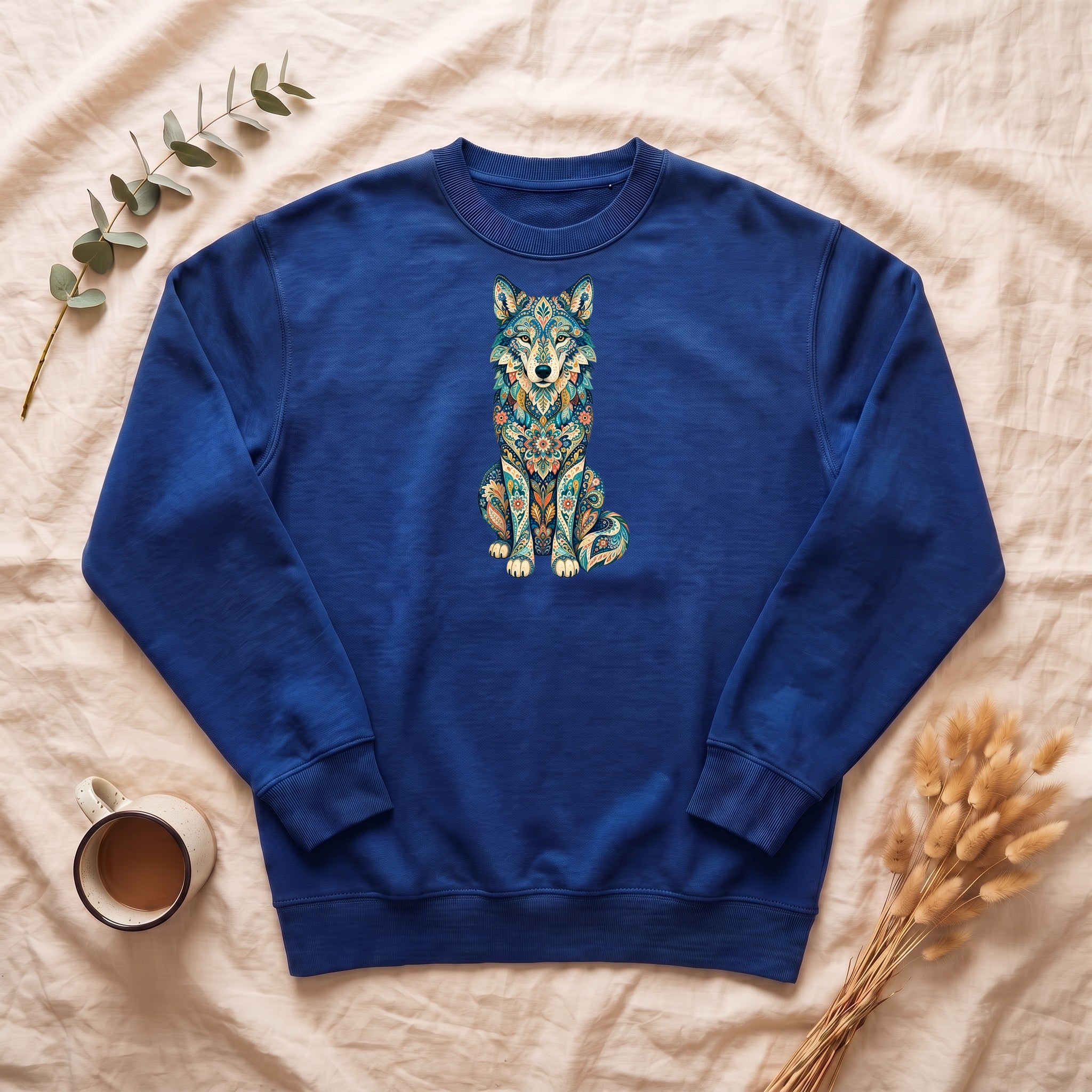 Boho Wolf Shirt, Folk Art Wolf Tee, Japanese Pattern Wolf Lover Gift, Vintage Floral Wolf Sweatshirt