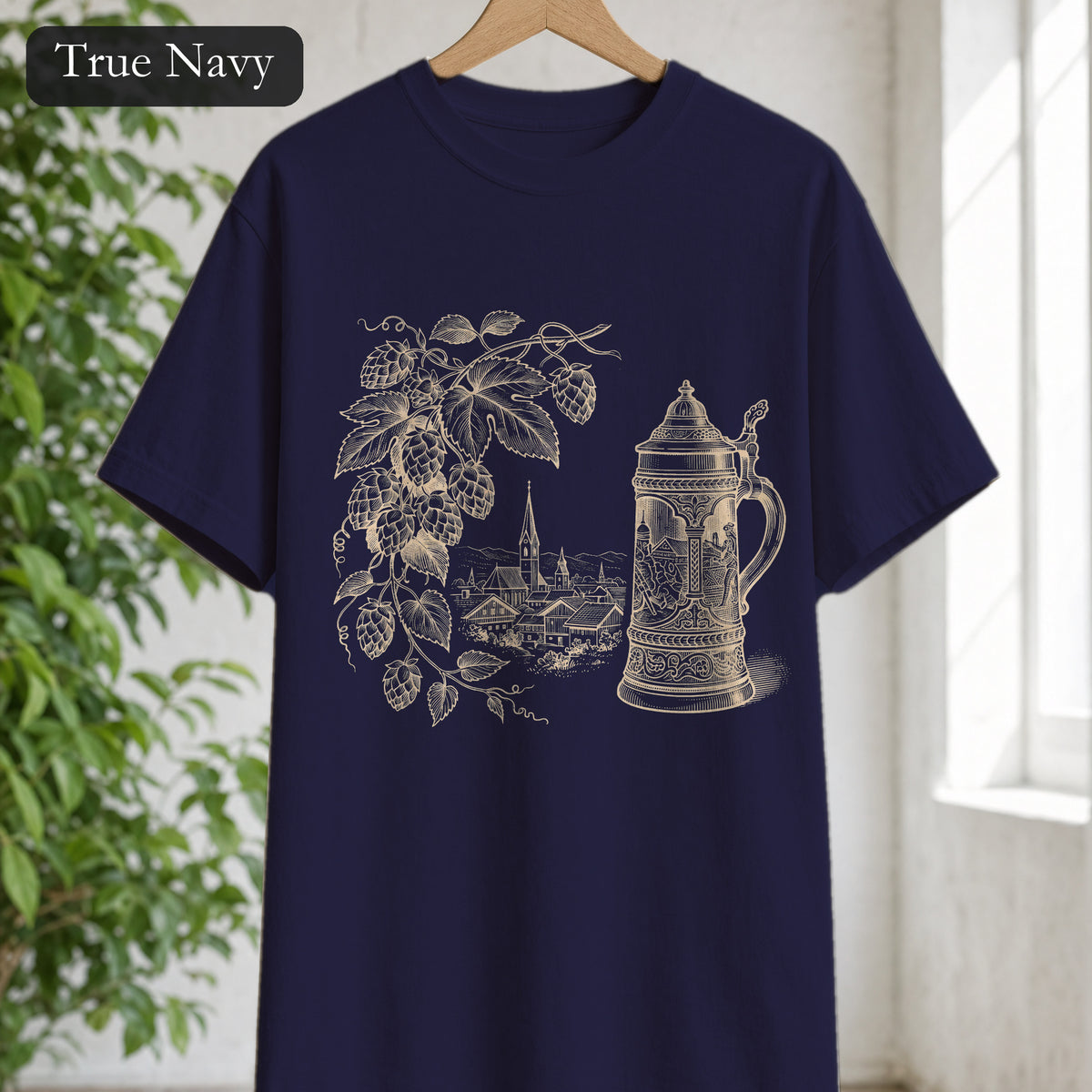 Vintage Beer Stein Illustration Shirt | Hops Vine Scenic Design