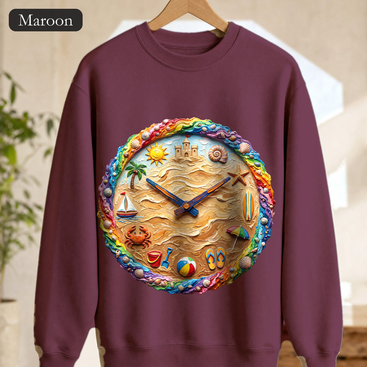 Beach Clock Shirt, Dreamy Coastal Art Tee, Surreal Beach Lover Gift, Summer Ocean Sweatshirt