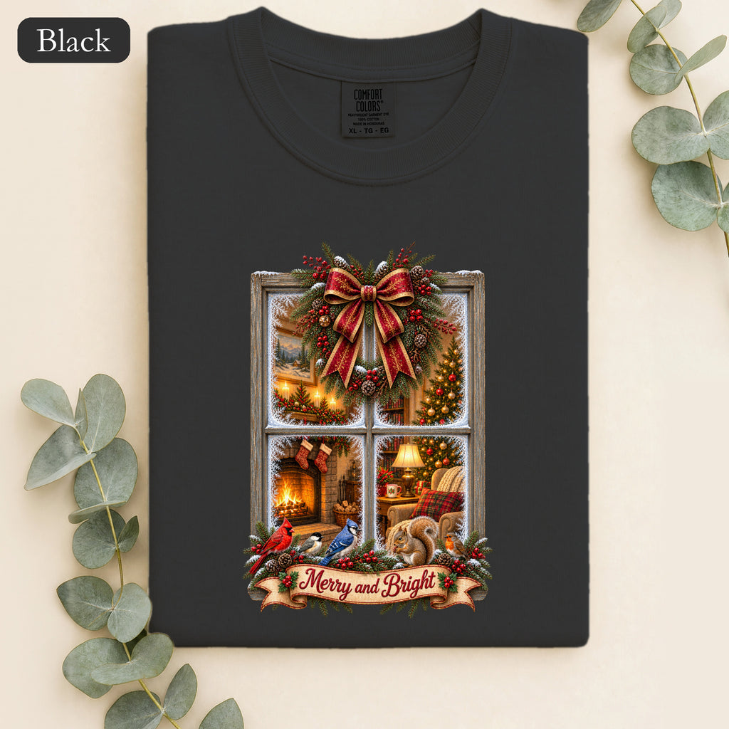 Merry and Bright Window Scene Shirt | Christmas Bow, Wreath, Candlelights