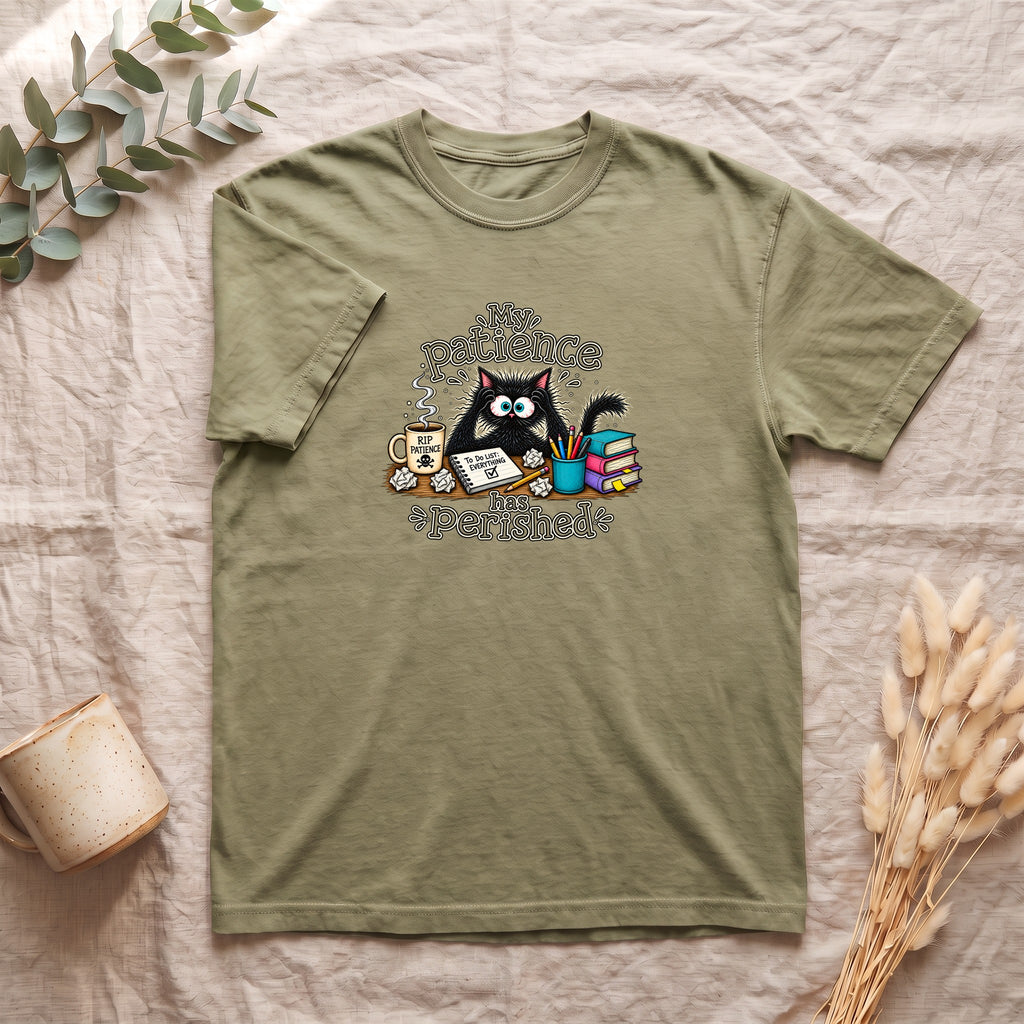 My Patience Has Perished cat shirt | Cute grumpy cat illustration, coffee and books