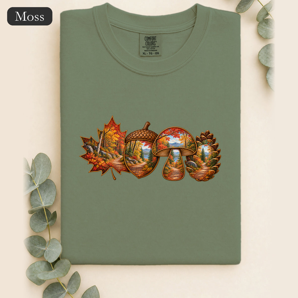 Autumn Lake Scene on Maple Leaves Shirt | Fall Landscape Tee