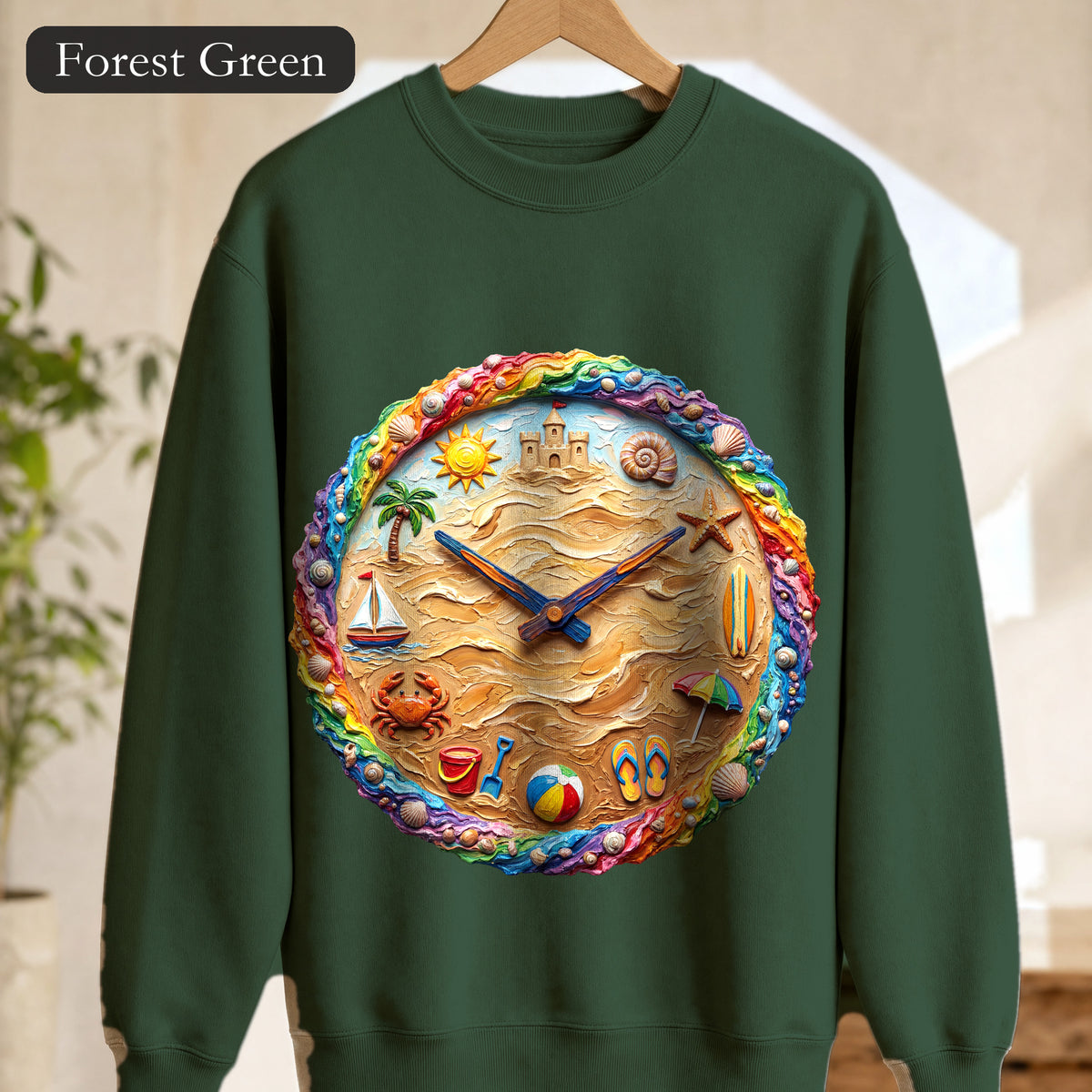 Beach Clock Shirt, Dreamy Coastal Art Tee, Surreal Beach Lover Gift, Summer Ocean Sweatshirt