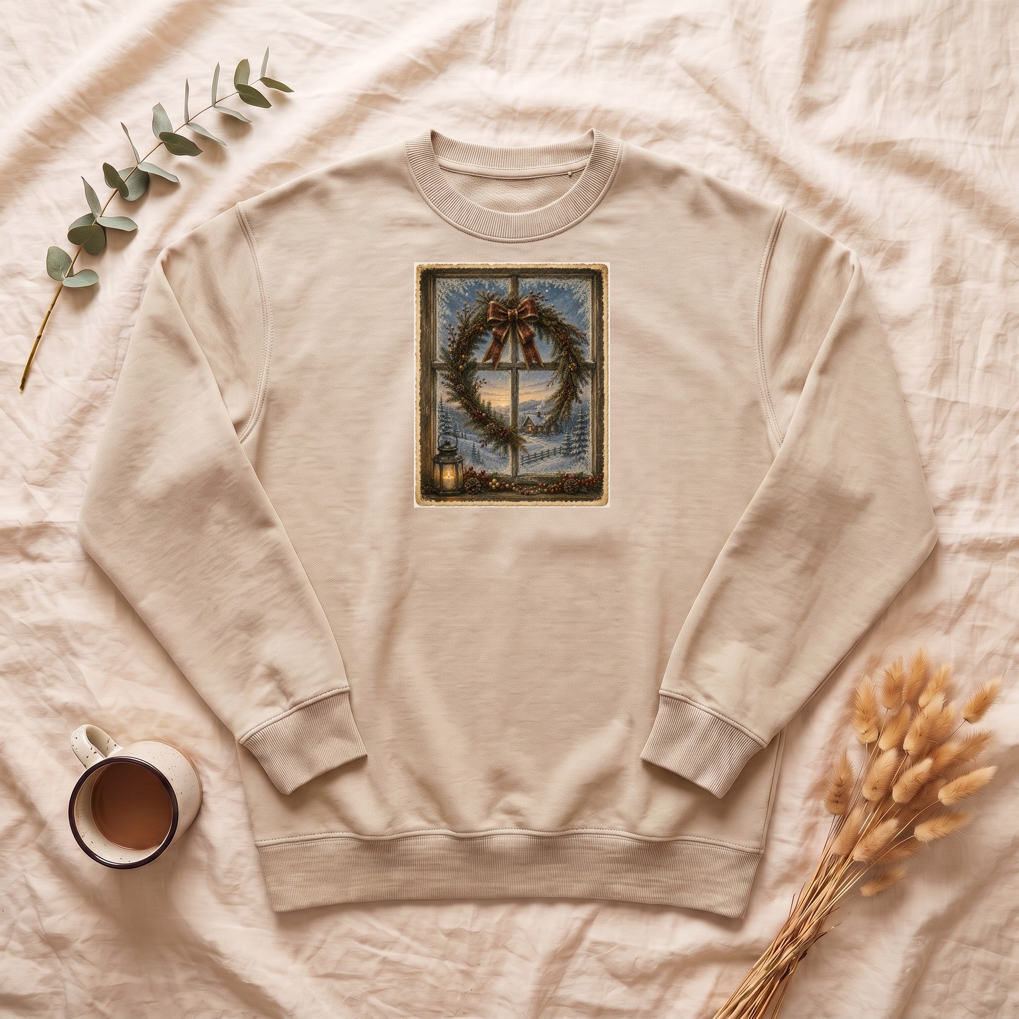 Winter Wreath Window Scene Sweatshirt | Vintage Holiday Postcard